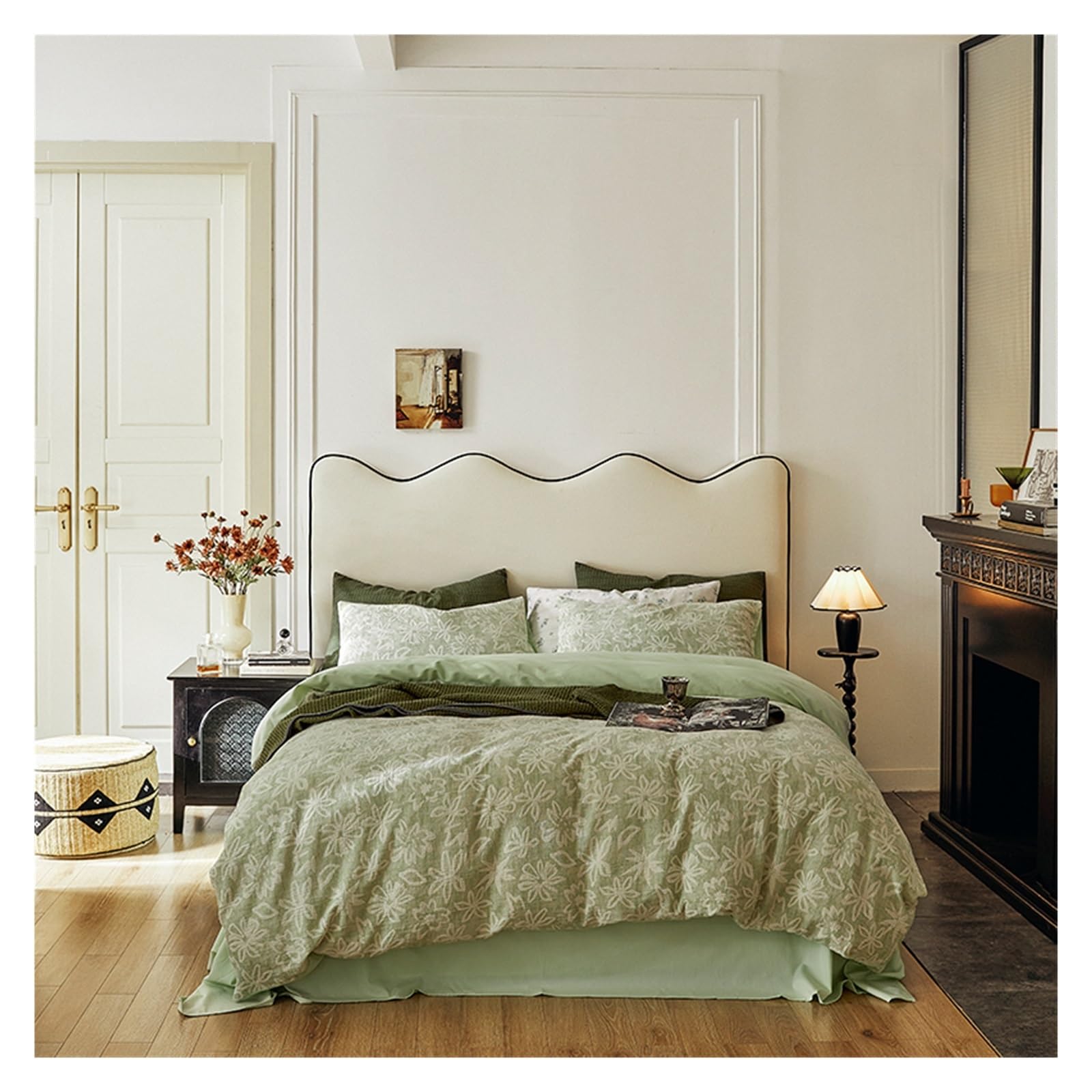 Housse de couette en coton lavé 220x240 cm vert pomme zippée style ferme