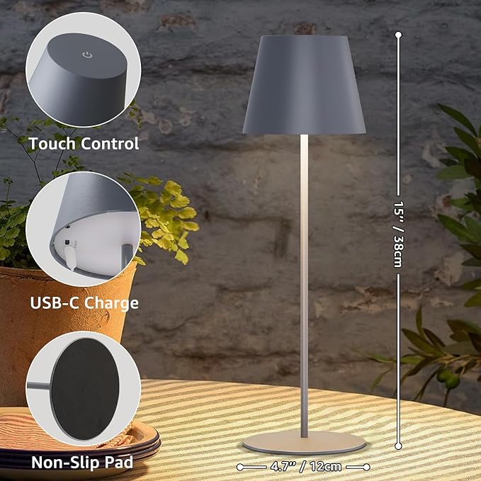 uuffoo uuffoo 2 Pack Rechargeable Table Lamp Cordless Battery Operated Table Lamps with 3 Colors Stepless Dimming, Desk Lamp for Restaurant, Patio, Bedroom, Bar (Gray) photo 5