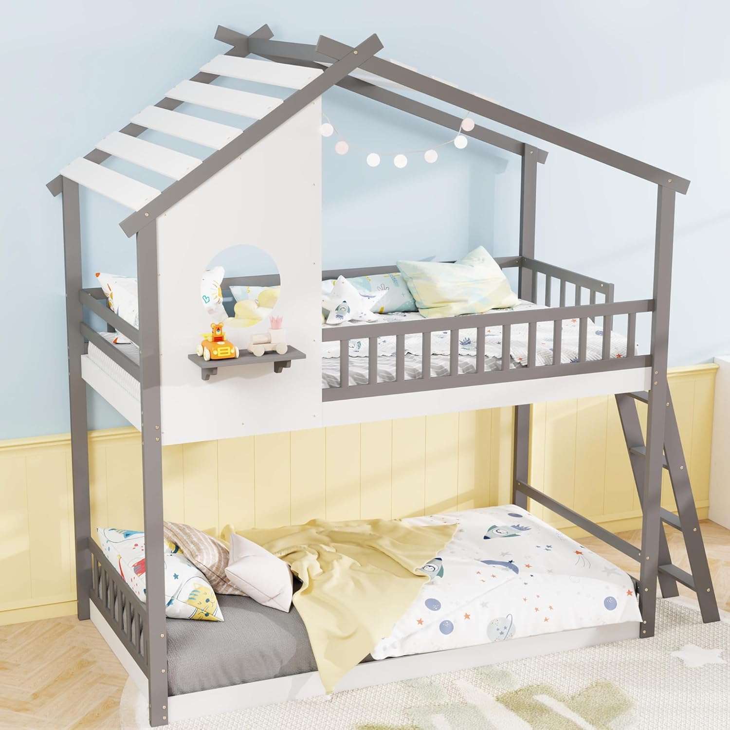 KOMFOTT Wood Twin Over Twin House Bunk Bed, Floor Bunk Bed with Ladder, Safety Guardrail, Wooden Slats & Window, Floor Bed Frame for Teens Juniors, No Box Spring Needed (Twin Over Twin)