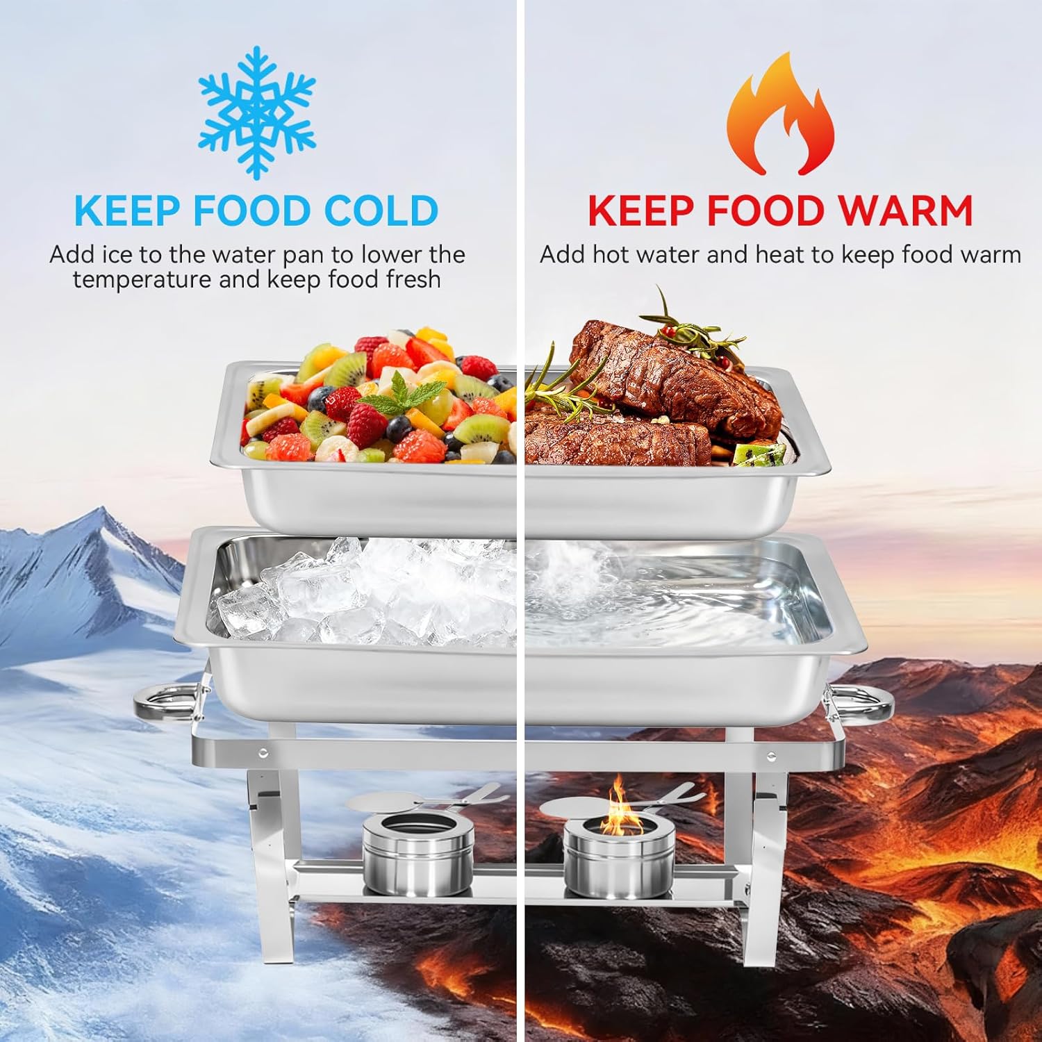 9Qt Chafing Dishes for Buffet 4Pack, 304 Stainless Steel Chafing Dish Buffet Set with Folding Frame, Food Warmers for Parties, Catering Supplies, Warming Trays for buffets Party, Multiple Food Pans - Image 4