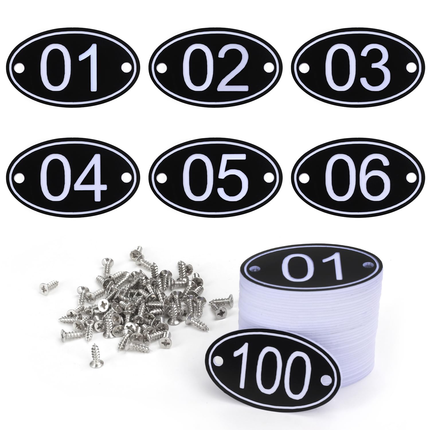 NestNook ABS Engraved Black Oval Table Numbers & Locker Tags with Screws - 1 to 50