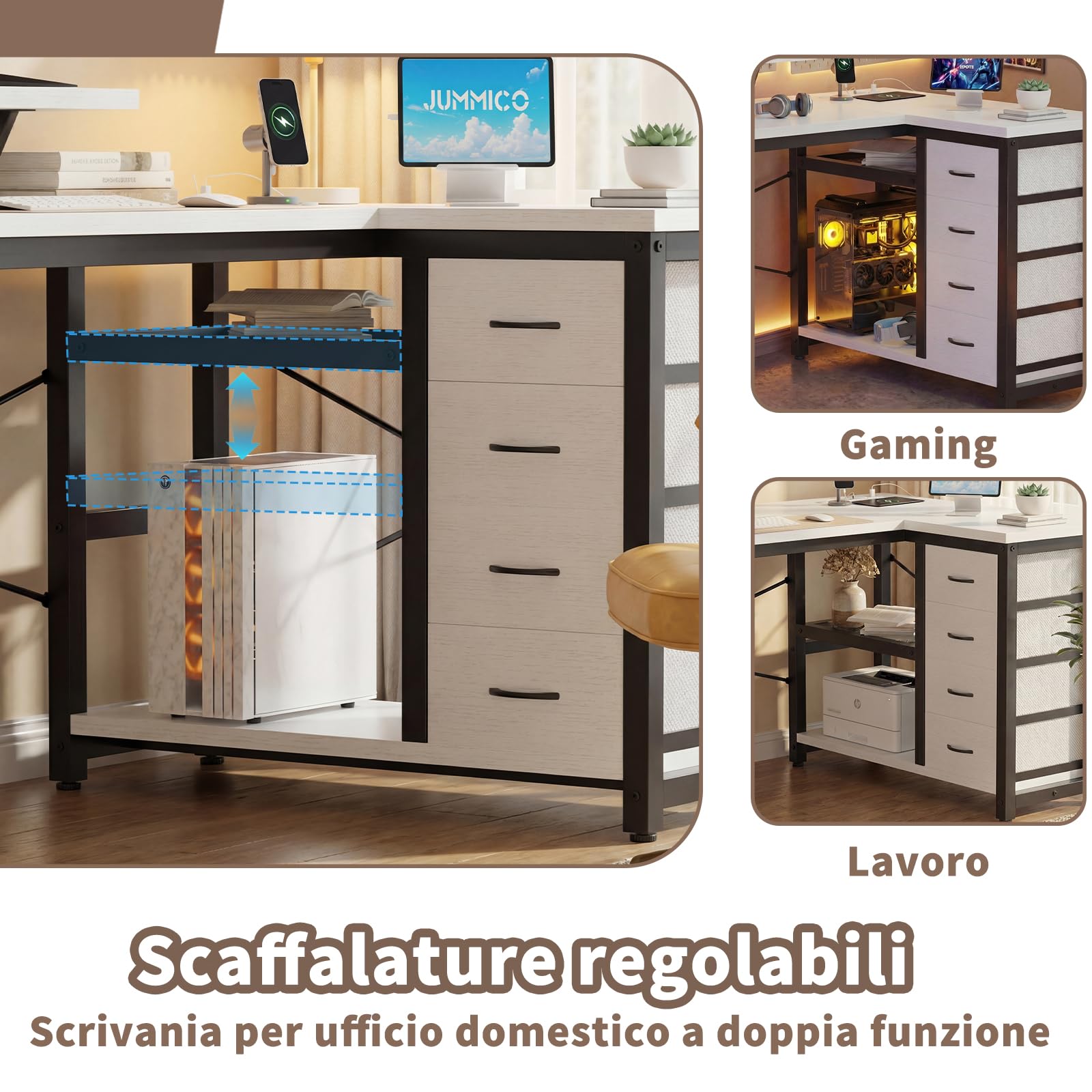 JUMMICO Scrivania a forma di L con 4 cassetti in tessuto, scrivania angolare reversibile con 2 prese e 2 porte USB, scrivania per computer a forma di L, per home office gaming, bianco, 160 x 80 cm
