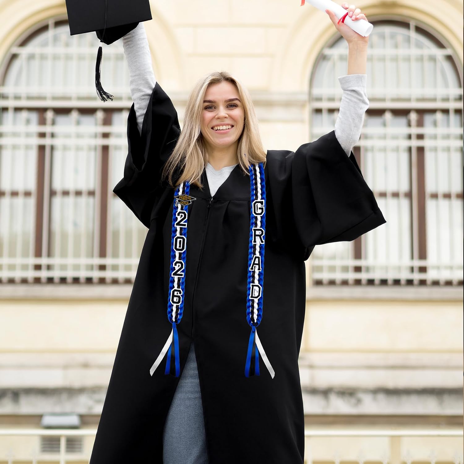 2026 Graduation Lei - Blue Black and White Graduation Lei Grad Ribbon Leis with Pins, Grad Leis Gifts for Women Men, Graduations Accessories for Students Bachelor Master or PhD Gown image 5