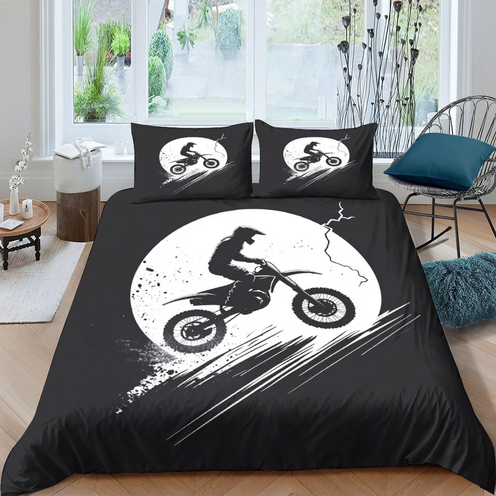 GPLZQXKJNH 3D Printed Motocross Rider Duvet Cover Microfiber Soft Breathable Extreme Sports Bedding Set with 2 Pillowcases for Bedroom Decor Single（135x200cm）