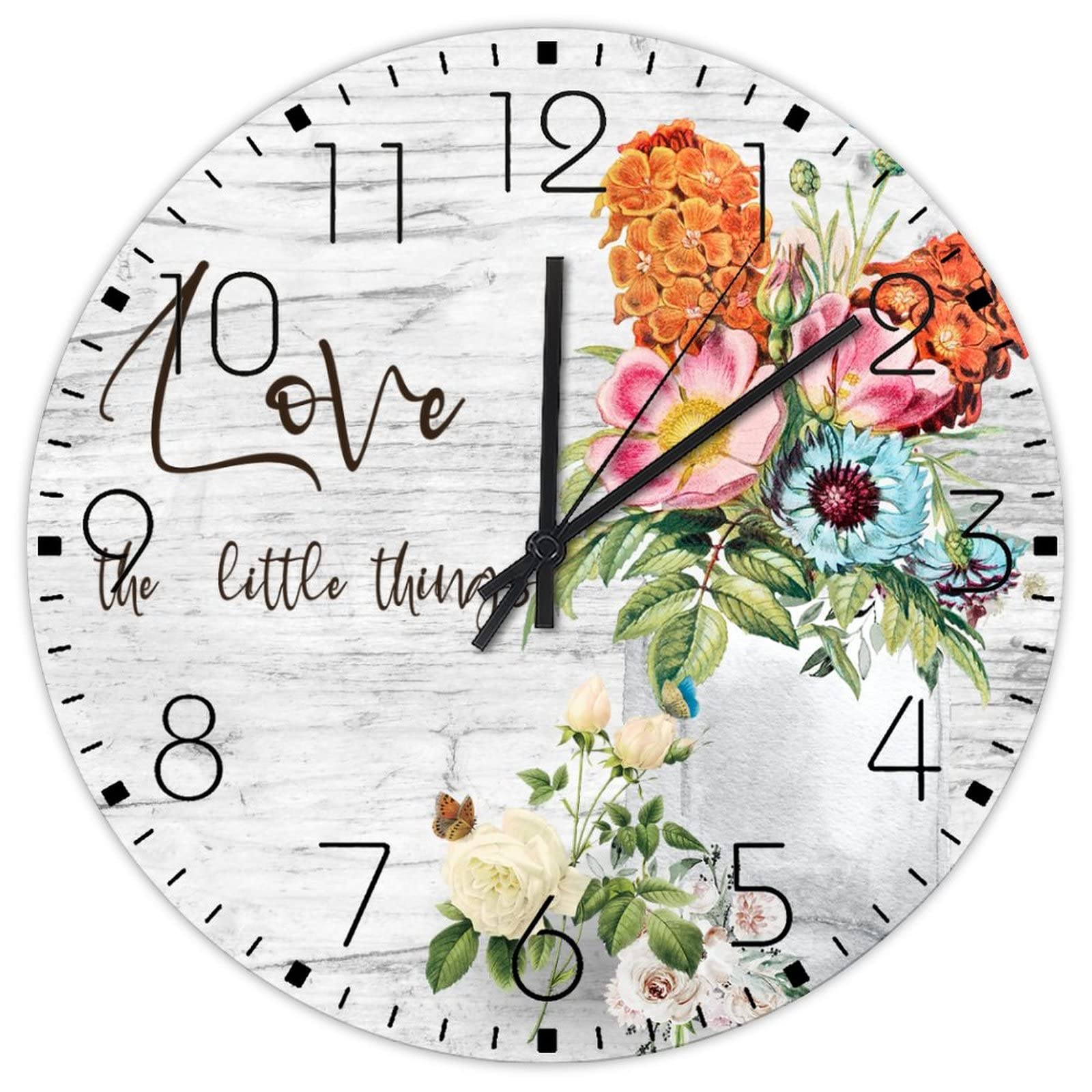 Horloge murale en bois aquarelle florale ronde suspendue sans bruit pour salon et café