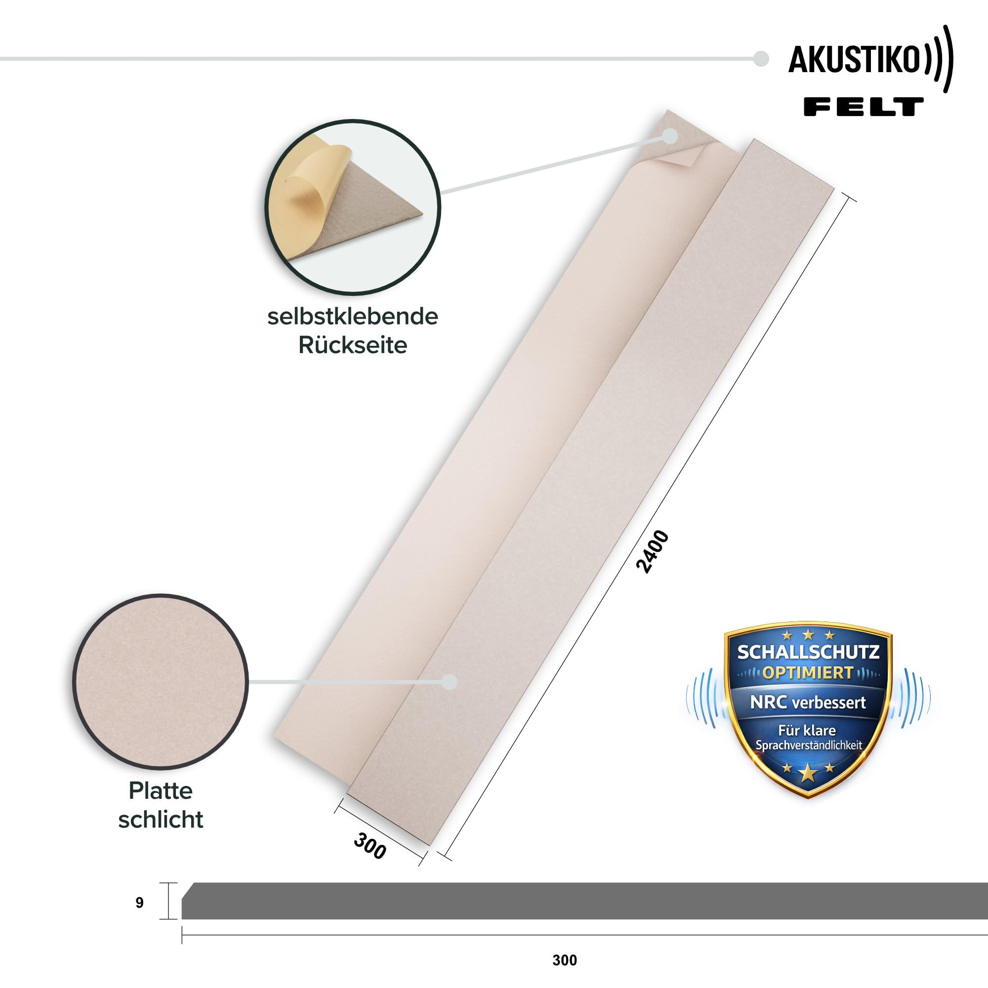 AKUSTIKO Akustikpaneele Selbstklebend 240x30cm - 4 Stück Beige Akustik Wandpaneele Schallschutz & Raumakustik Panels Filz 9mm Hexim Decken- & Wandverkleidung Decken Fläche (2.88m²)