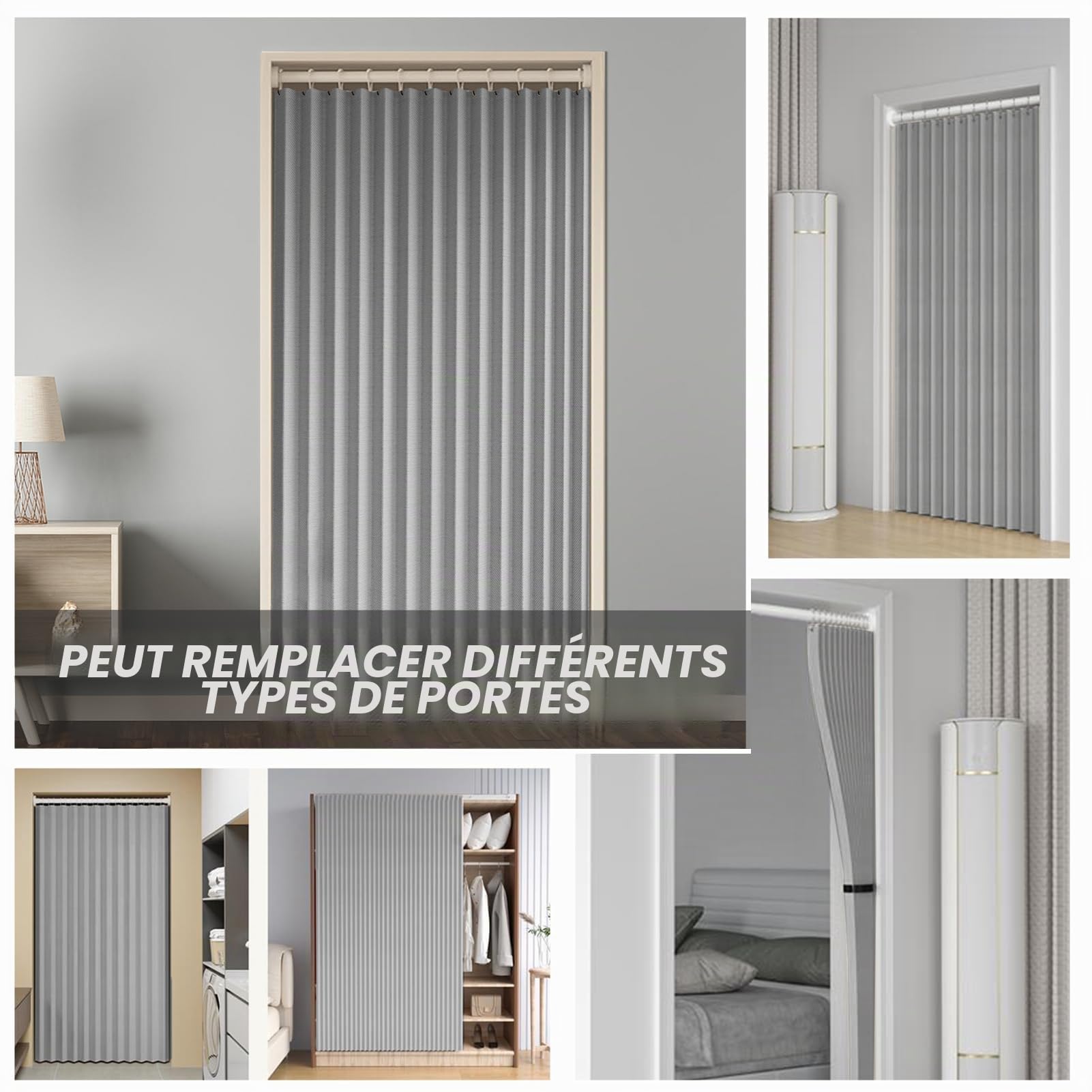 Rideaux Occultants Porte Interieur Lot de 1, Gris, 80x200cm | Rideau Separation Entrée Pliant Thermique Anti Froid pour Salon et Cuisine, 220g/m²