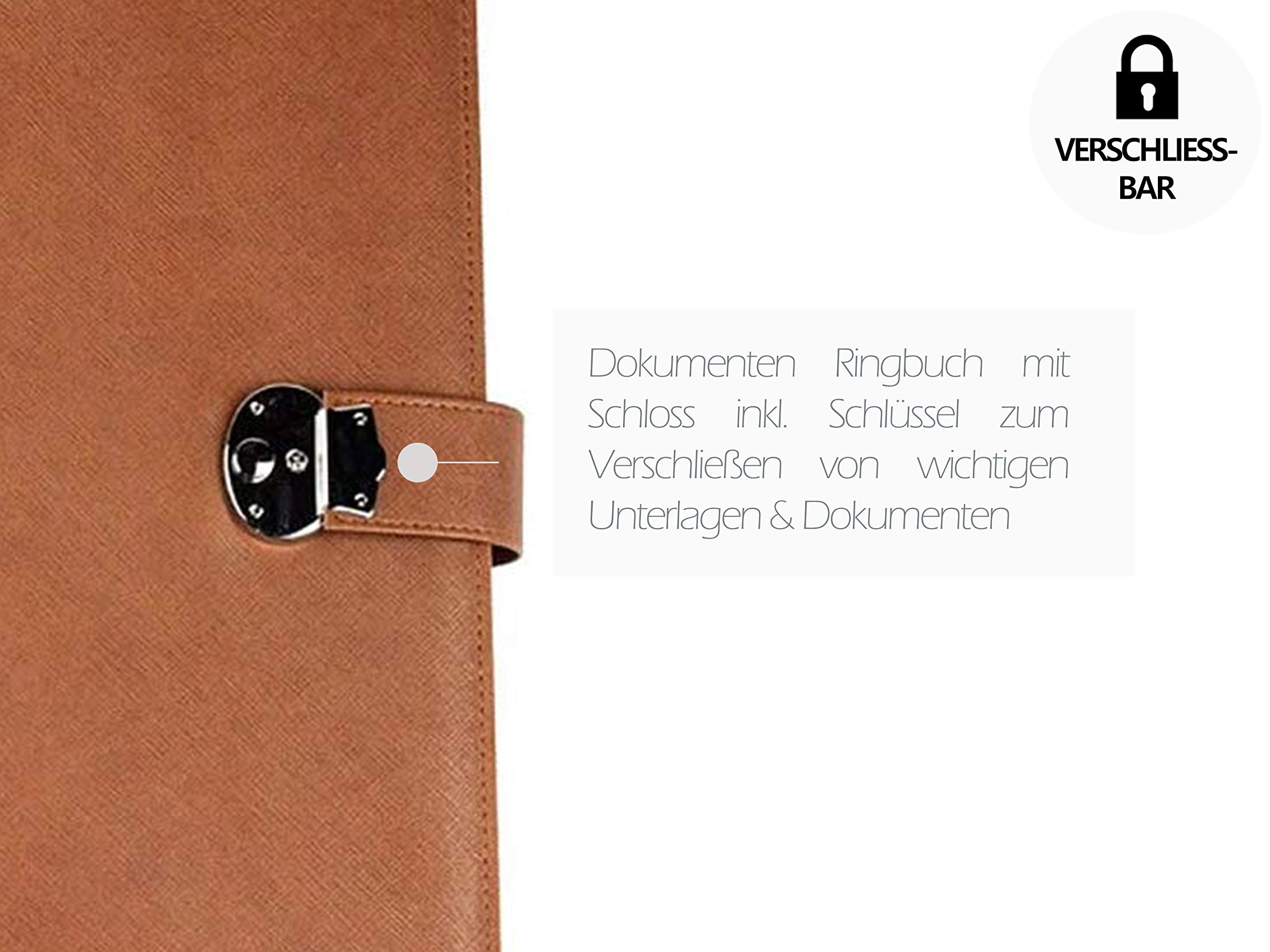 DELMON VARONE - Personalisierbare Dokumentenmappe DIN A4 mit Schloss & Schlüssel inkl. 3 Klarsichthüllen, Saffiano Kunstleder braun, Ringbuch Sammelmappe mit Verzeichnis für Dokumente & Urkunden