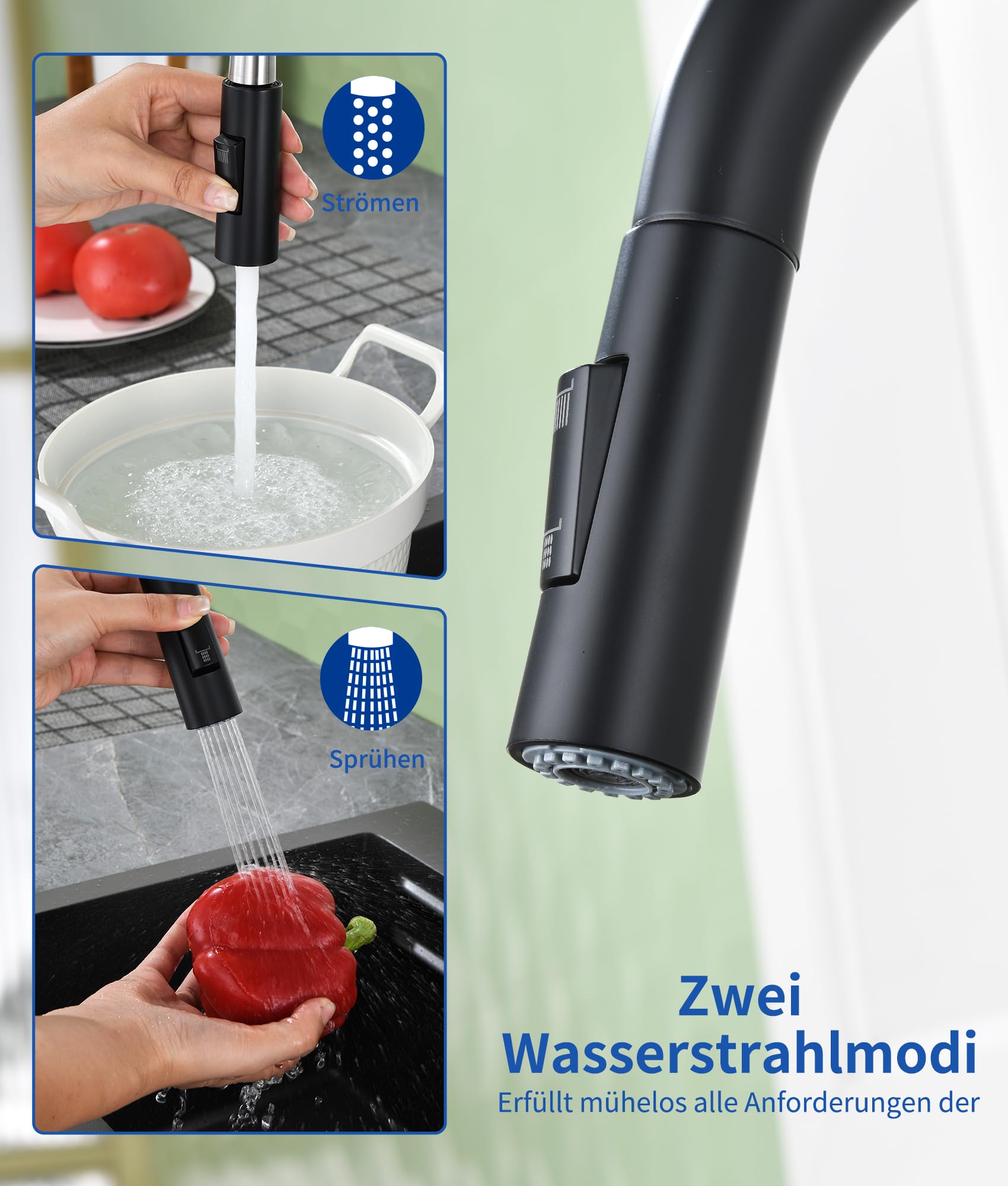 Grifo De Cocina Negro,Grifo De Cocina De Alta PresióN Con Ducha ExtraíBle,Grifo Extensible De Cocina Giratorio 360°,Dos Funciones De PulverizacióN,Grifo Mezclador De Acero Inoxidable
