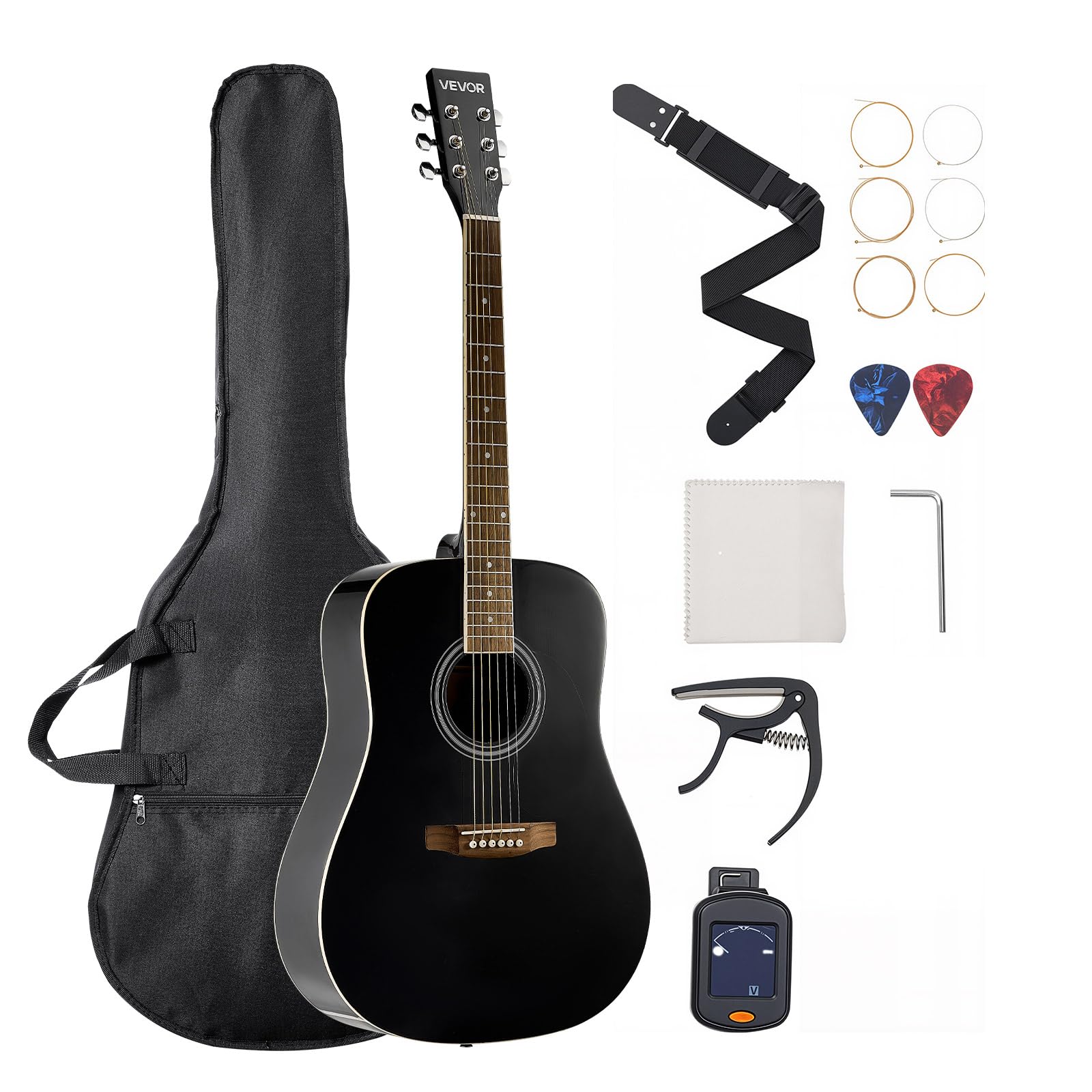 VEVOR Guitare Acoustique Dreadnought 6 Cordes, 103 cm, Table en Épicéa Massif Noir, Fond en Acajou, Touche Palissandre, avec Sac à Dos Portable, Accordeur, Sangle, Médiators, Capodastre, pour Adultes