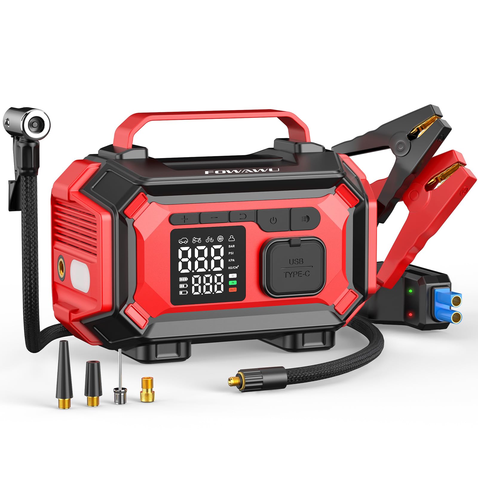 FOWAWU Car Battery Starter with Air Compressor 9 in 1, Car Battery Starter 8000A (up to All Petrol/10 L Diesel), Compressor Air Car 150psi Auto Stop
