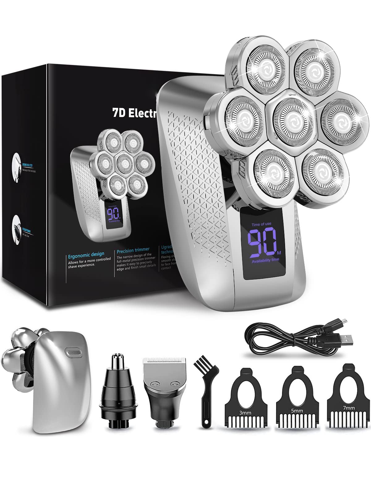 Afeitadora Cabeza Hombre, 5 in 1 Afeitadora Electrica Hombre con 7 Cabezas Rotativa, Maquina de Afeitar Hombre Impermeable Uso húmedo y seco con Pantalla LED USB Recargable