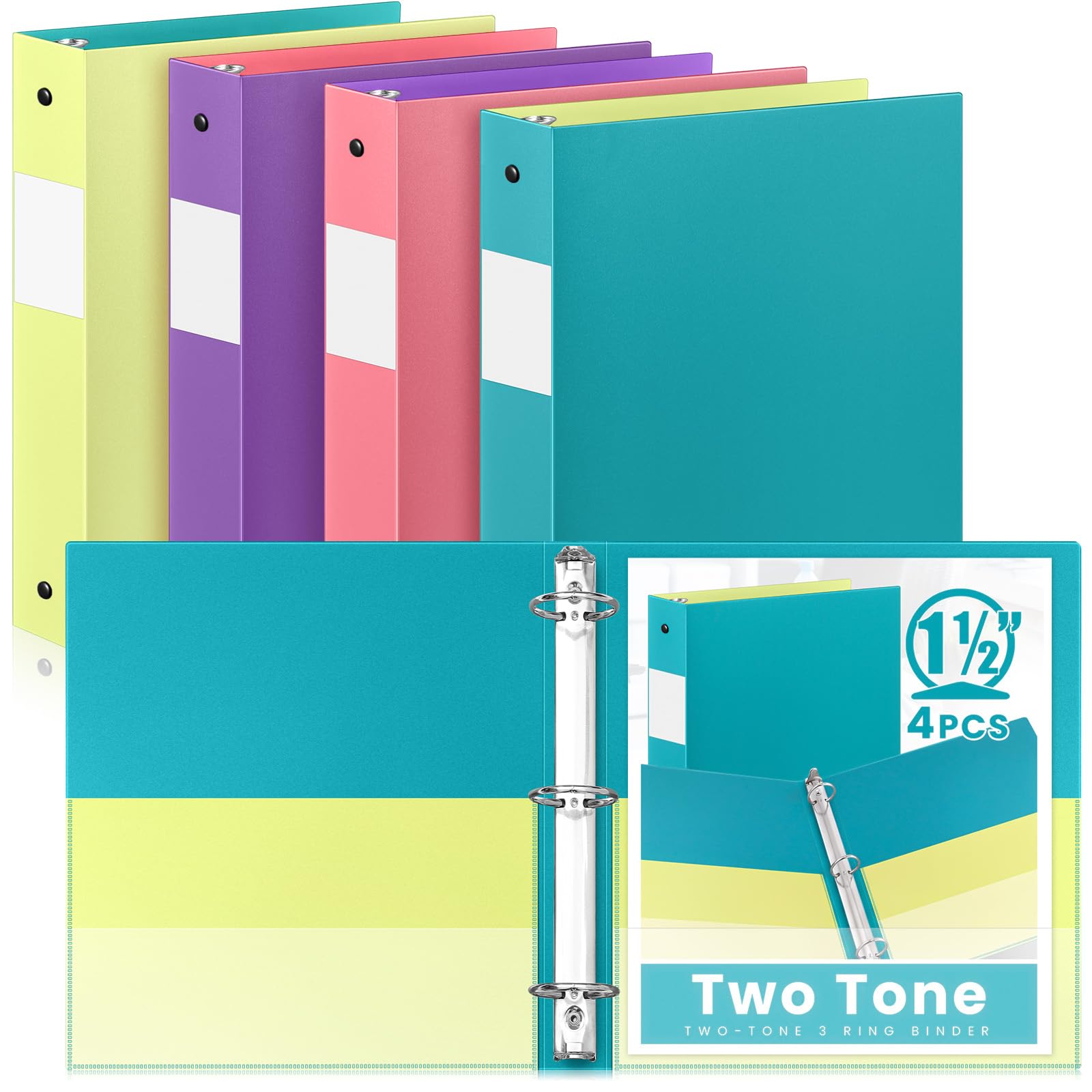 Henoyso Confezione da 4 raccoglitori a 3 anelli bicolore con 4 tasche interne, resistenti per scuola e ufficio, rosa, verde acqua, viola e lime (copertina basice)