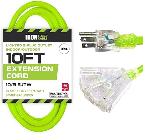 Miniatura 61 de Iron Forge Cable Cable de extensión de calibre 10 de 10 pies para exteriores con 3 tomas de corriente, cable de extensión naranja SJTW de 15