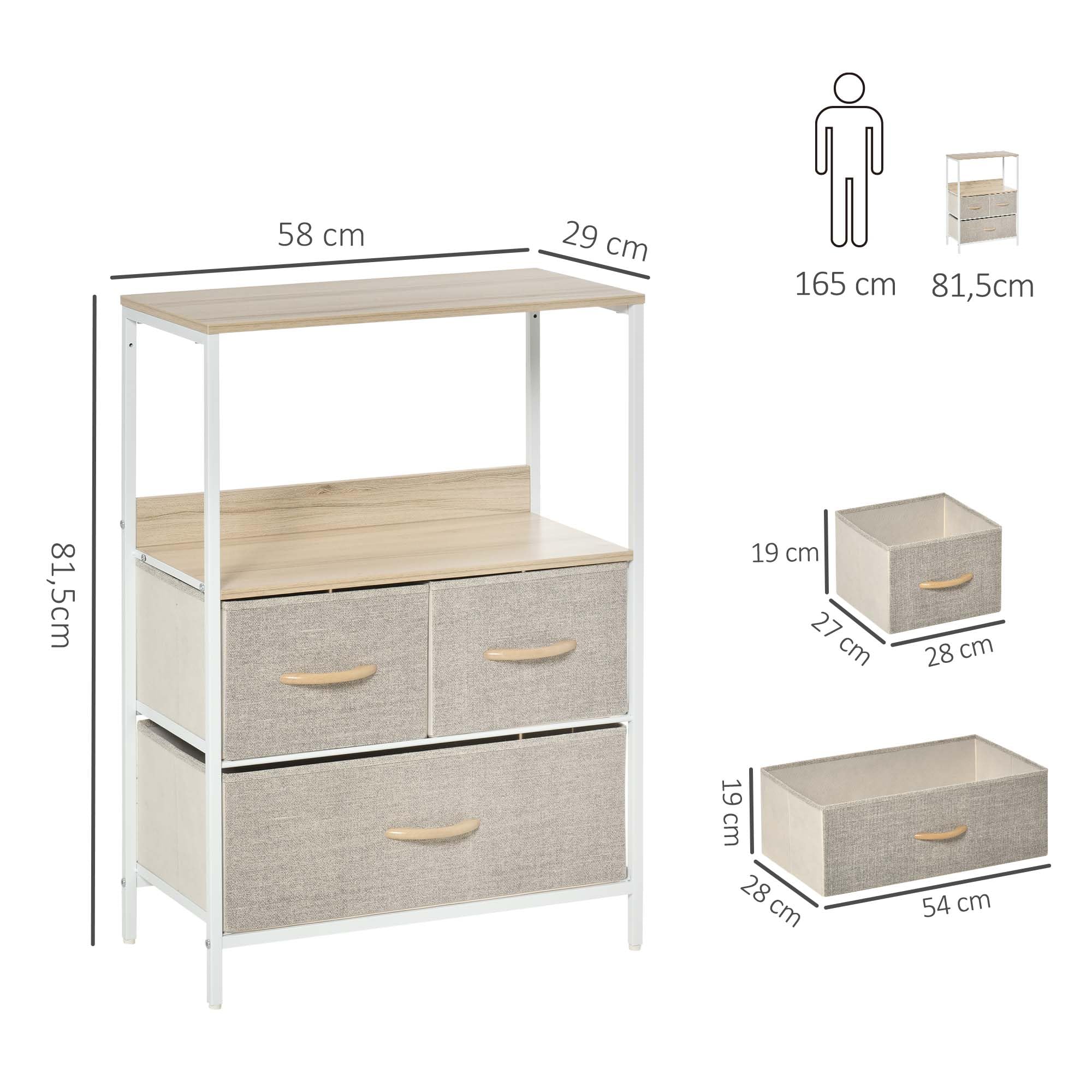 HOMCOM Commode 3 Tiroirs Tissus 58L x 29P x 81,5H cm Naturel et Métal Blanc