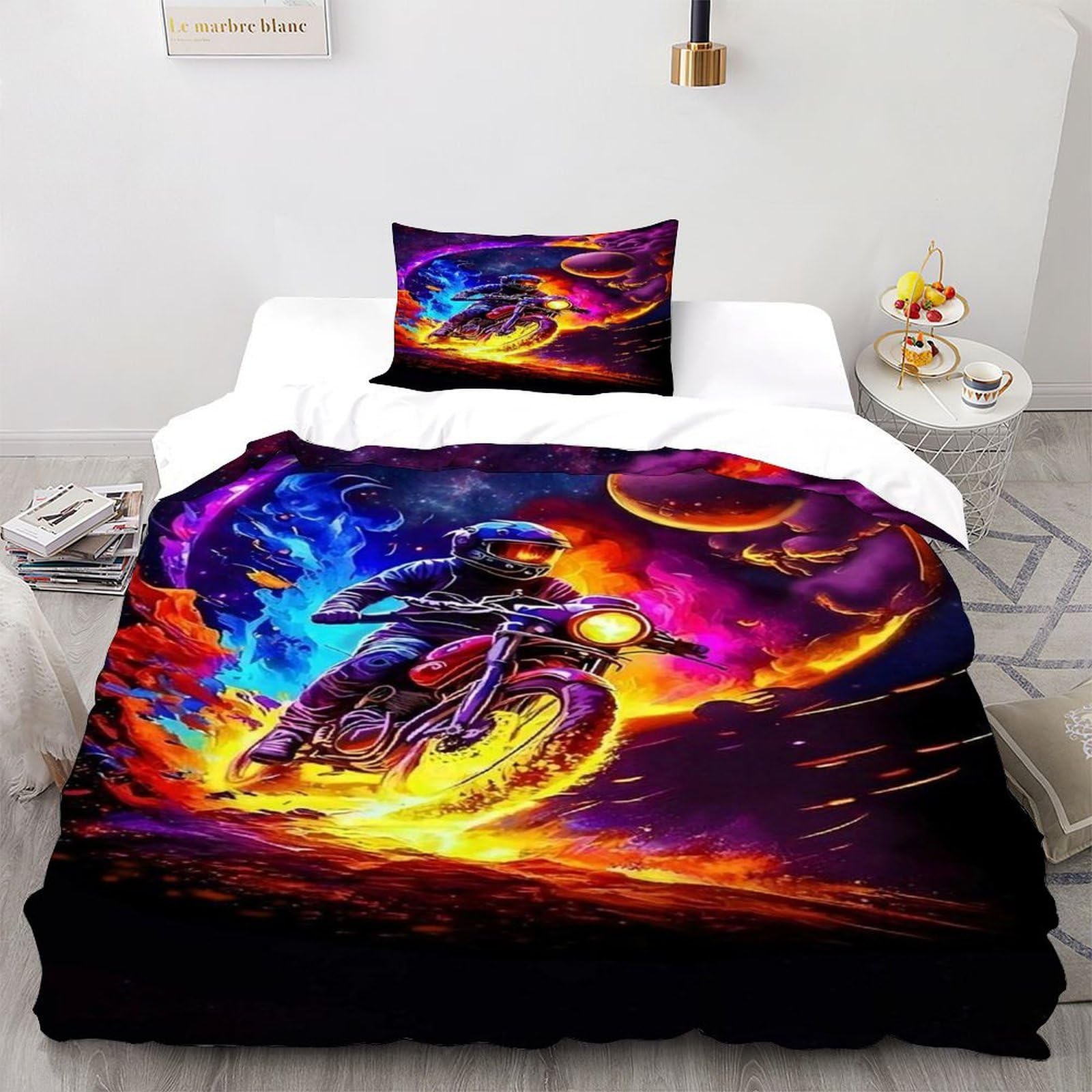 Housse de couette moto sport pour chambre d'enfant parure de lit microfibre 135x200