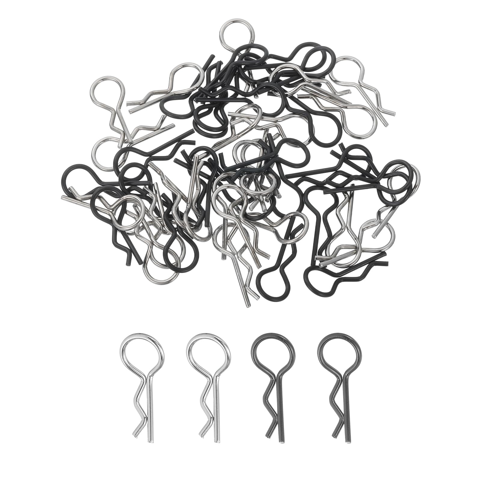 MECCANIXITY 50pcs 30-Degree Angle RC Body Clips Bent Springy R Pins 25x1.4x10mm for All 1/8 1/10 Scale Model RC Car Crawler Truck,Shell Replacement Parts(Silver/Black)