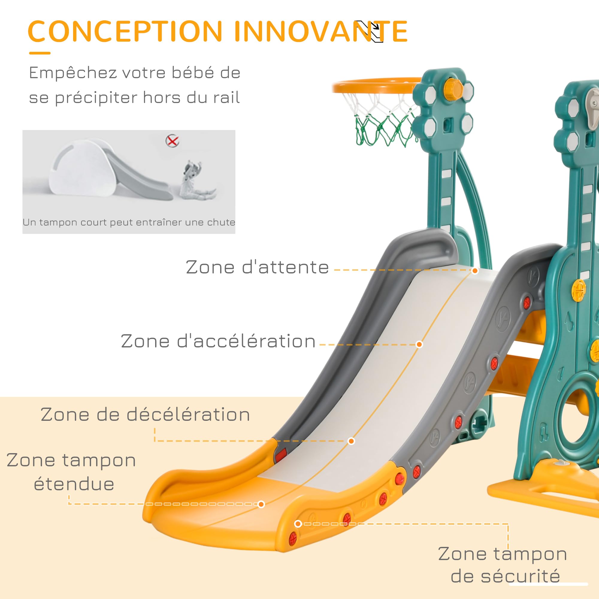 HOMCOM Toboggan Et Balançoire pour Enfants 4 en 1 Bleu Jaune | Aire de Jeux Pour Tout-Petits, Avec Panier De Basket, Siège Réglable En Hauteur, Extérieur et Intérieur
