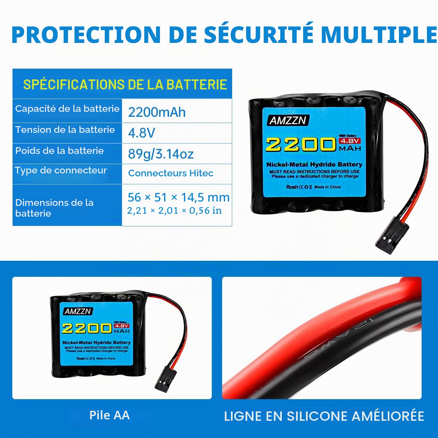 2PCS 4.8V 2200mAh AA Nimh Batterie avec connecteur Hitec pour RC Car, Récepteur RC, Avion RC, Batterie Rechargeable Haute capacité pour télécommande