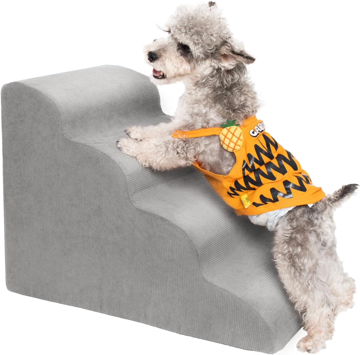 MEWANG Dog Stairs for Small & Medium Dogs and Old Cats –3/4/ 5 Steps High-Density Foam Pet Ramp for Bed & Couch, Non-Slip, Washable Cover, Grey (Round Corner, 4 Steps: 23.94”L×14.96”W×18.27”H)