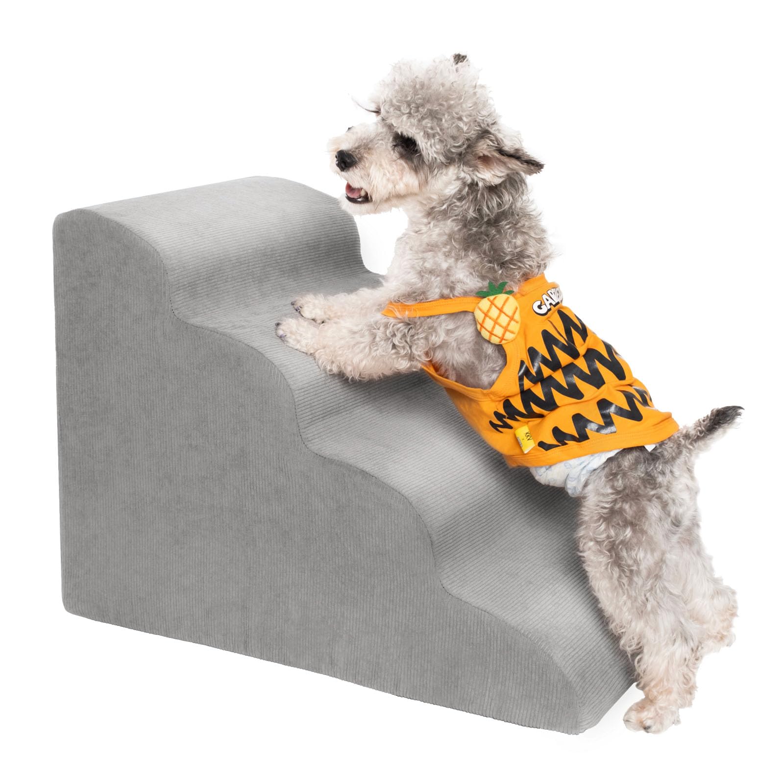 MEWANG Dog Stairs for Small & Medium Dogs and Old Cats –3/4/ 5 Steps High-Density Foam Pet Ramp for Bed & Couch, Non-Slip, Washable Cover, Grey (Round