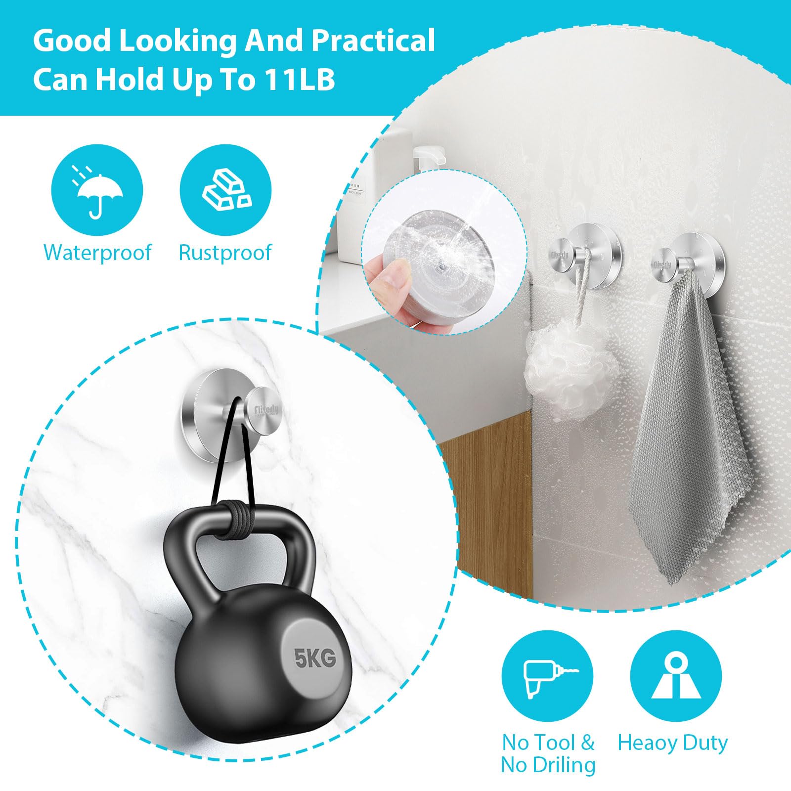 Ganchos con ventosa para ducha, ganchos extraíbles para toallas de baño, ventana, puerta de cristal, gancho para colgar bata de baño, impermeable, resistente, 2 paquetes, plateado