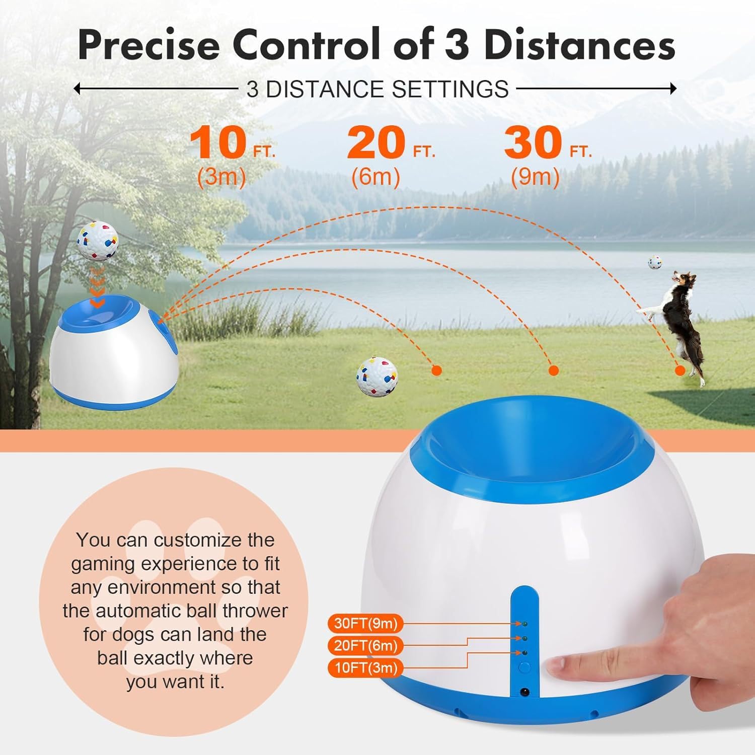 Lanceur de balles automatique pour chien – Petite machine de lancer de balles automatique interactive amusante pour chien avec 3 balles en latex durable, distance de tir réglable de 3 à 9 m, adaptée
