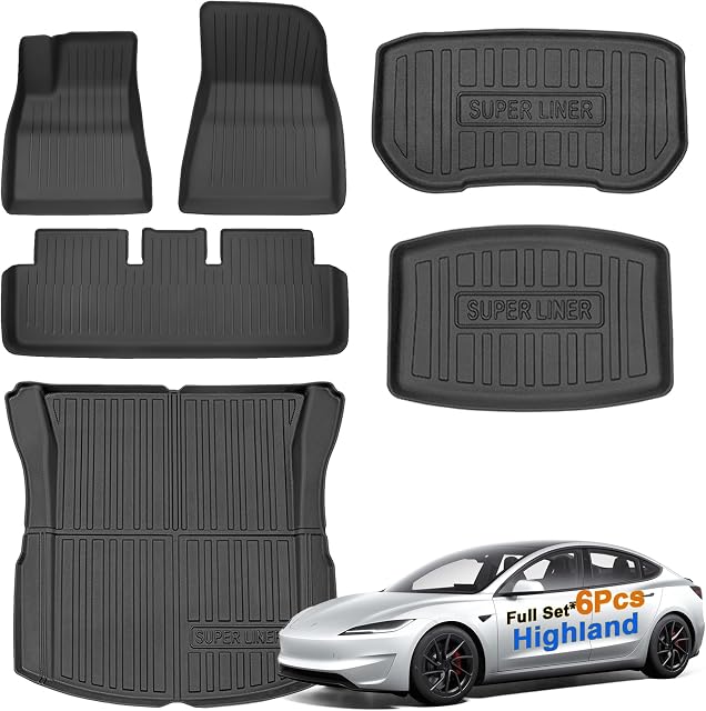 SUPER LINER Tesla Model 3 Floor Mats 2025 2026 2024 All-Weather 8-Pcs Set | Custom Fit, TPE Material, Pet & Child-Friendly | Cargo Liner Rear Cargo Tray Trunk&Interior Accessories