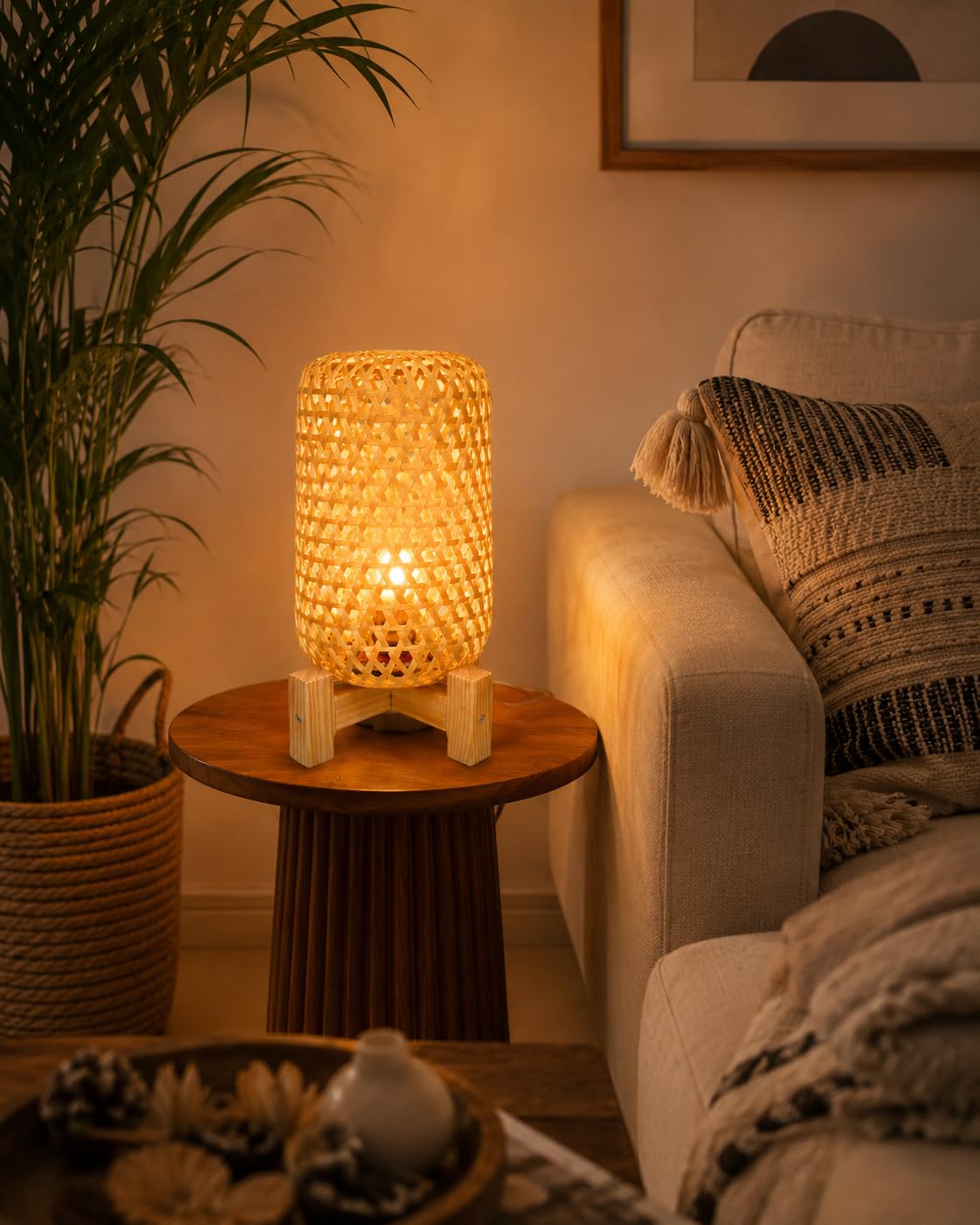 Handmade Bamboo Table Lamp with Wooden Stand & LED Bulb | 40 x 22 cm, Boho Décor Style, Warm Ambient Light, Woven Cane Shade, Bedside Night Lamp-image-28