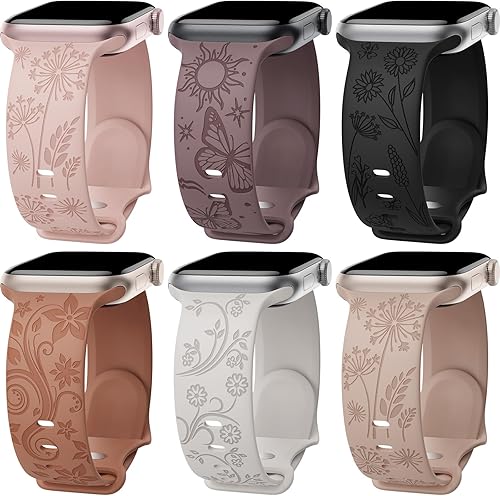 Paquete de 6 correas con grabado floral compatibles con Apple Watch Band de 1.575 pulgadas, 1.614 pulgadas, 1.496 pulgadas, 1.654 pulgadas, 1.732