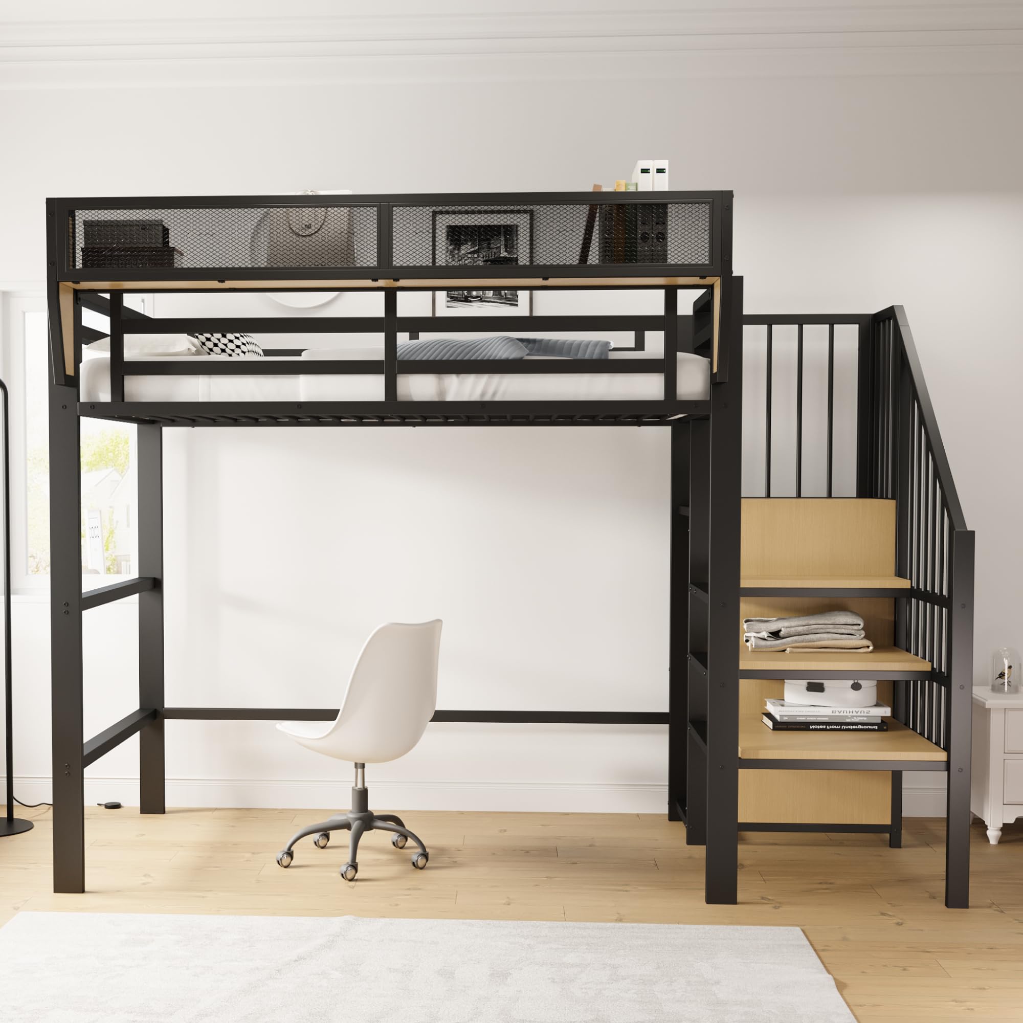 Moimhear Letto a soppalco, con scala di sicurezza e vano flessibile, letto in metallo per adulti e bambini (Nero, 90x200cm)