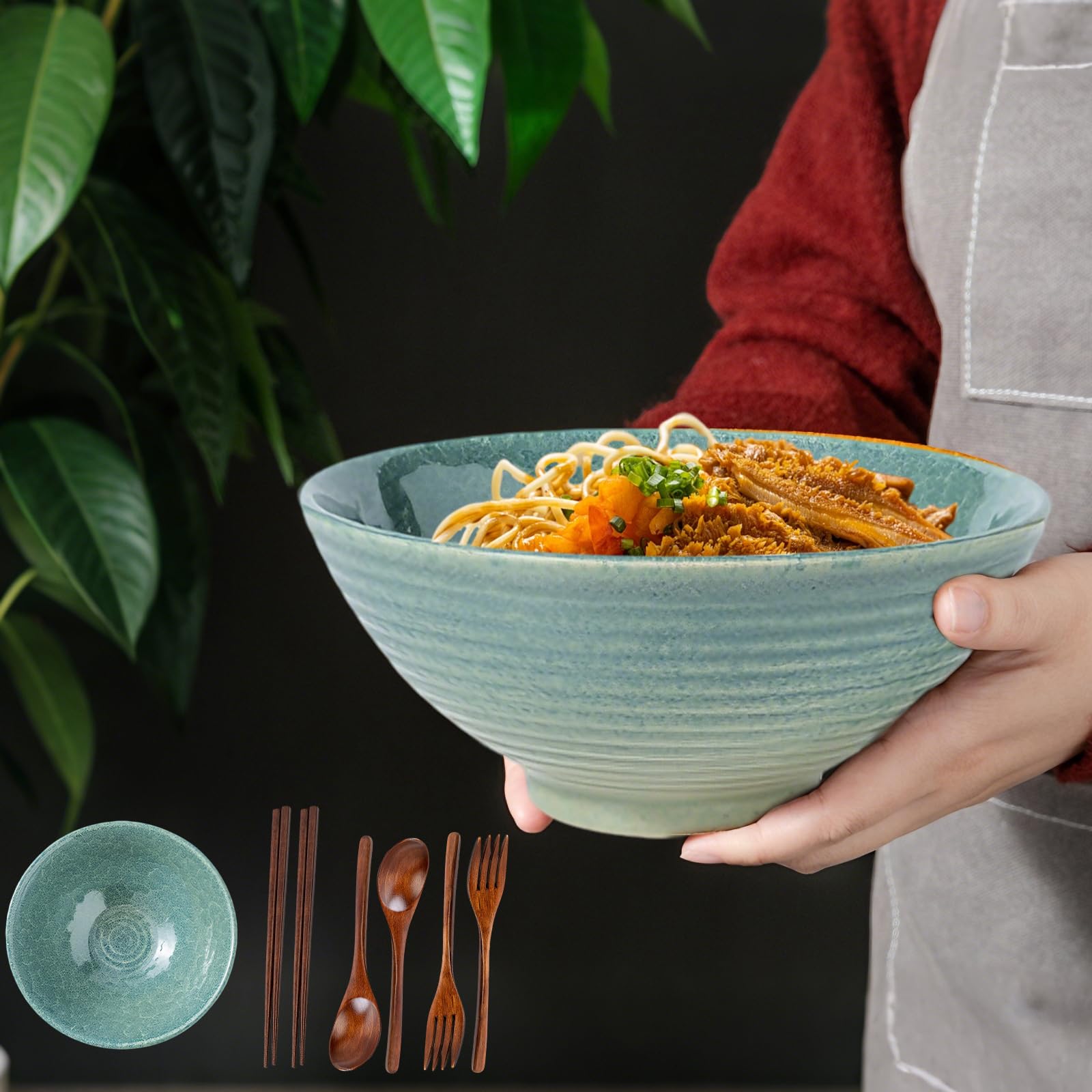 Ramen Schüssel Set 1200 ml Suppenschüssel aus Keramik Bowl Schüssel mit Essstäbchen Löffel und Gabeln Ramen Bowl 20 cm Ramen Schale für Pho-Suppe Spaghetti Salat Müsli (Eisriss Grün)