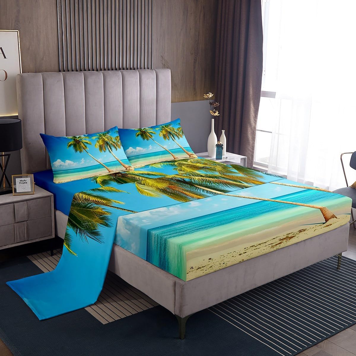 Ocean Beach Sheets Twin Size, Hawaiin Palm Tree Bed Sheets Sets, Summer Coastal Sheet Set, Tropical Vacation Style Bedding Set, Blue Sea Wave Top Sheet 3Pcs with 1 Pillow Case Deep Pocket