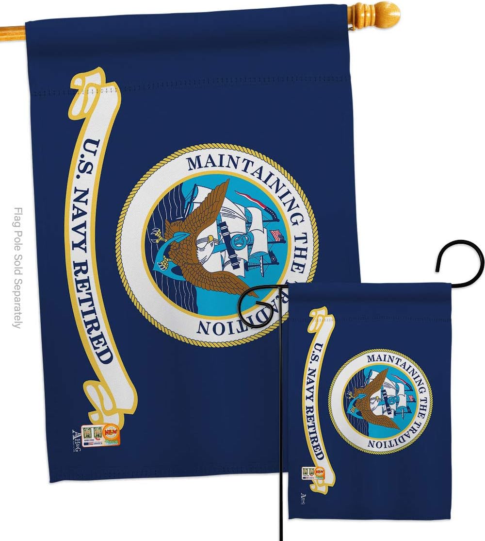 Retired Navy Garden House Flag - Set Armed Forces USN Seabee United State American Military Veteran Retire Official - Decoration Banner Small Yard Gift Double-Sided Made in USA 28 X 40