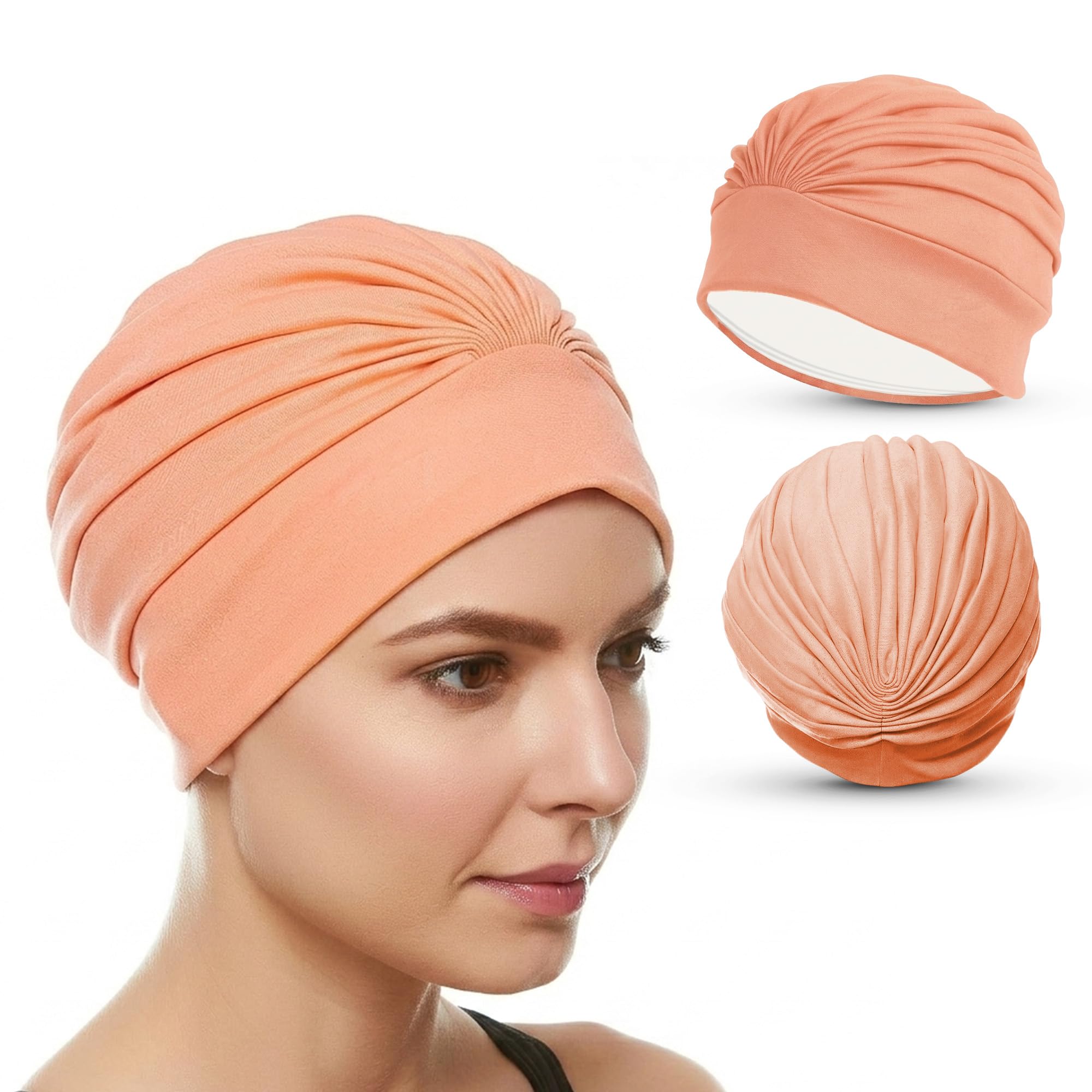 Swim Cap for Women- Swimming Turban Bathing Cap, Pleated Fabric, Water Resistant PVC Line…