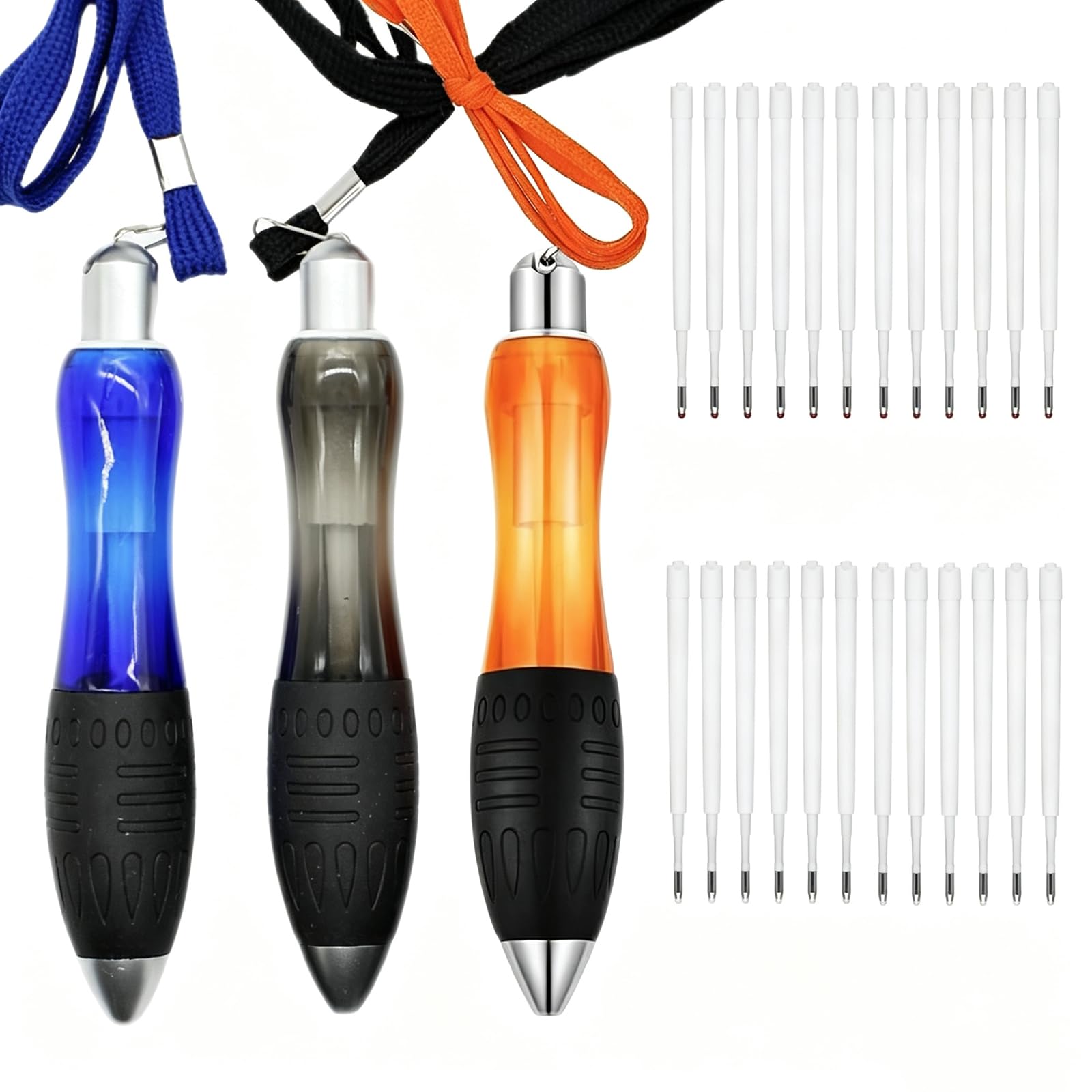 LAIYORA 3 Pack Chunky Ballpoint Pens with Lanyard,Thick Fat Barrel Soft Silicone Grip 12 Black + 2 Red Refills for Office Nurse Teacher Outdoor Work