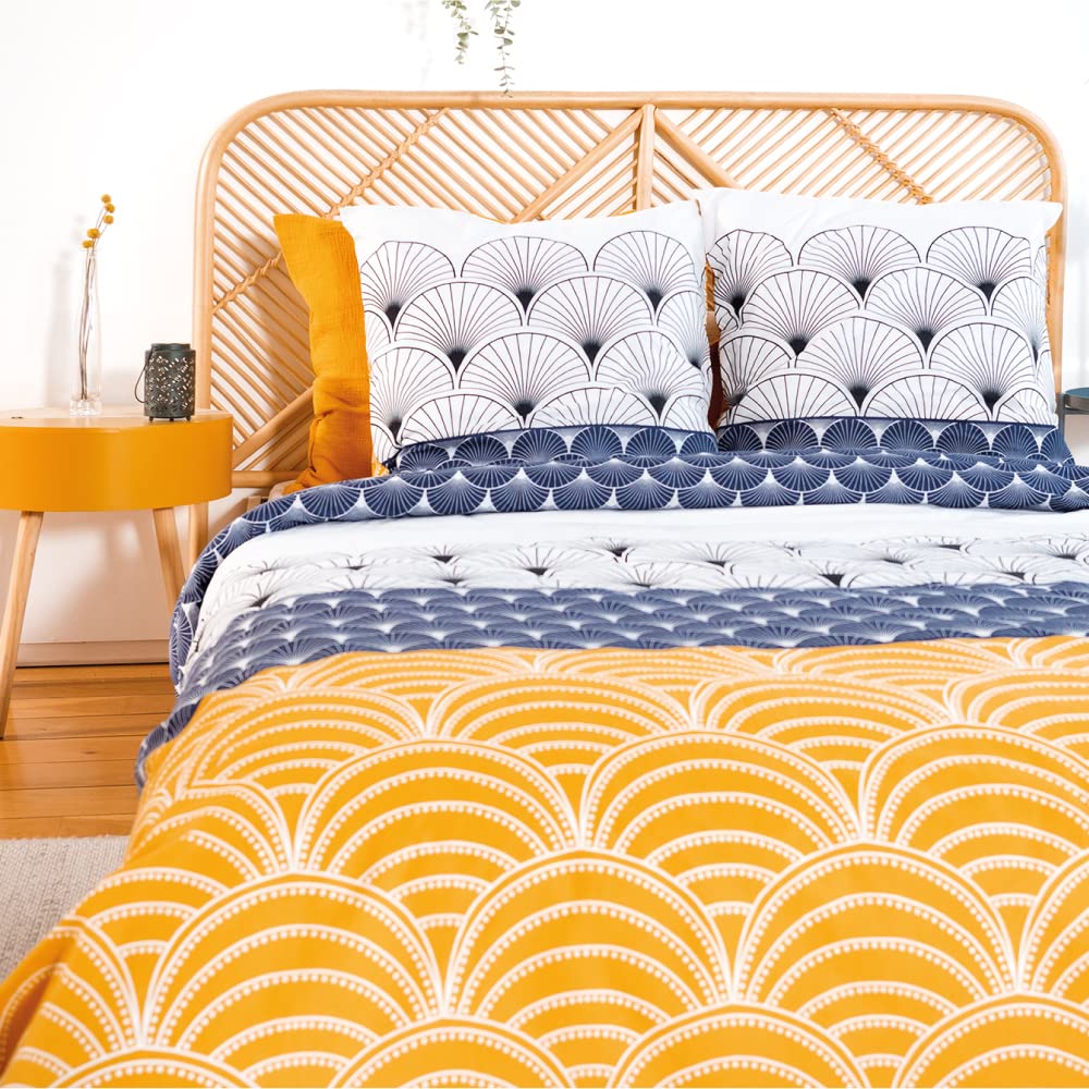 Parure De Lit 220x240cm Coton Adouci - Housse Couette + 2 Taies Motif Géométrique Bleu Et Jaune