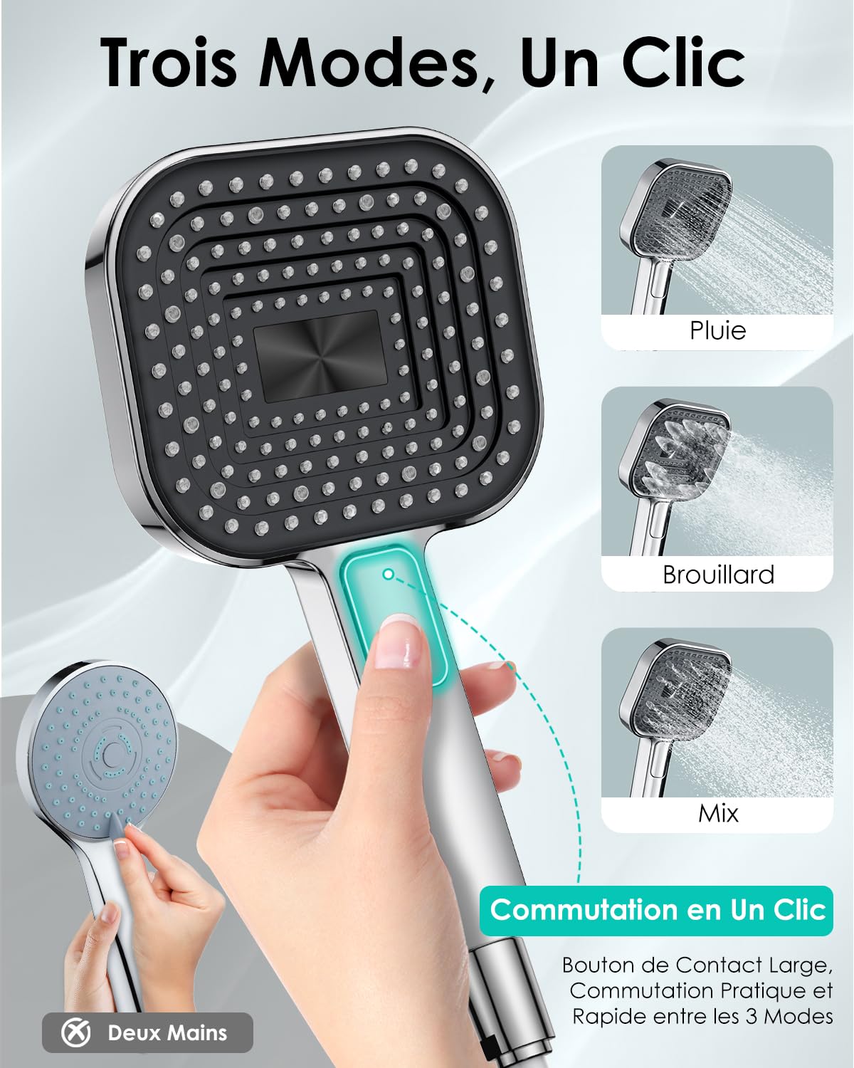 Pommeau de Douche Economie Deau, Anti Calcaire Douchette【Silicone de Qualité Alimentaire】【Économique 43% - 7,3 l/min】, Haute Pression, Douchette Grande 135 mm, 3 Modes de Jet, Chrome (sans tuyau)