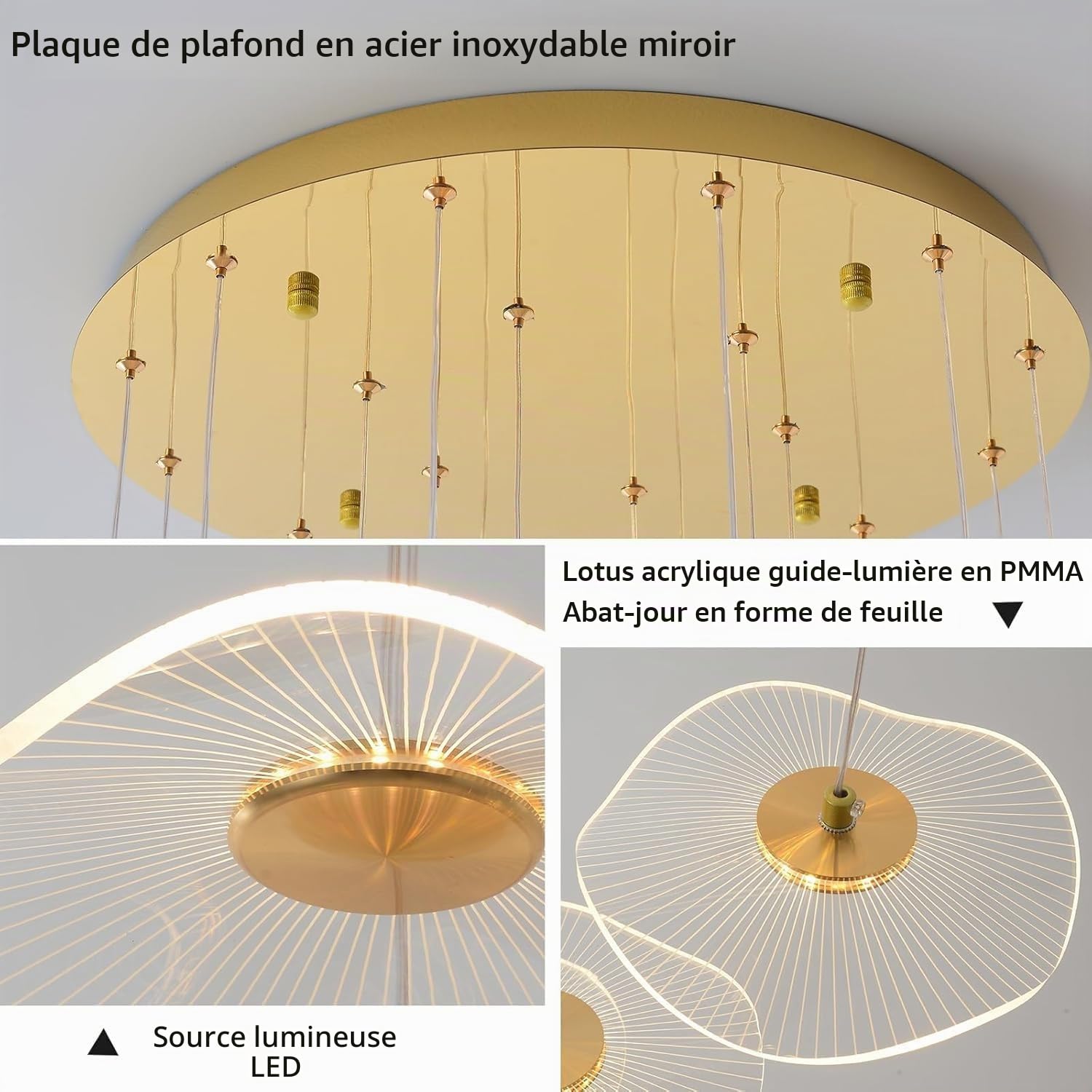 Lustre Haut Plafond dimmable Moderne en Forme de Feuille de Lotus doré Suspension Spirale Lampe LED linéaire de Luxe Lampe Suspendue adaptée au Hall d'entrée escalier Villa Salon
