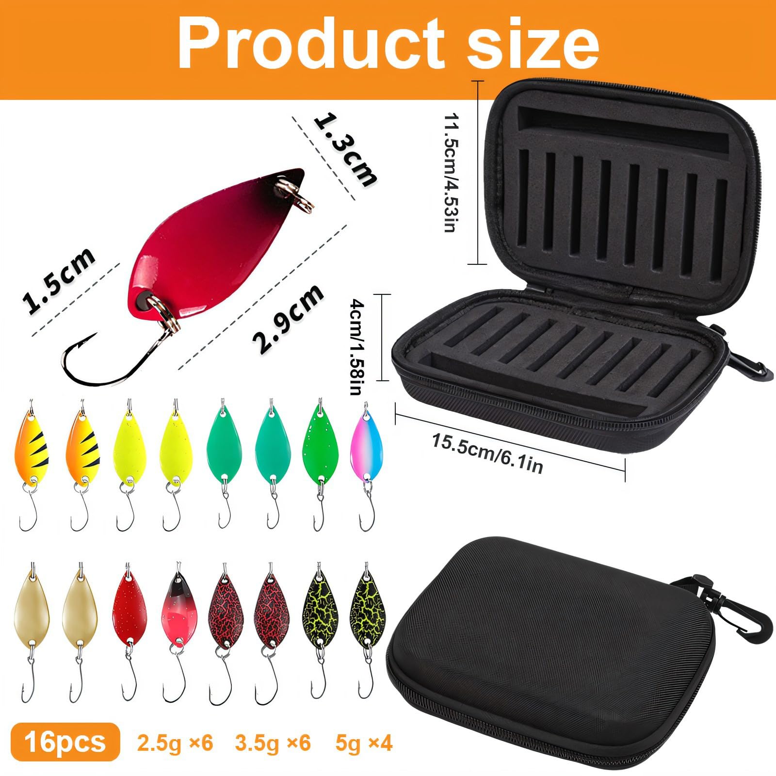 Set di 16 esche per trote, set di esche per trote, spinner, set di indicatori di direzione per trota, 2,5 g / 3,5 g / 5 g, set di accessori da pesca per pesce persico, luccio, lucioperca, trota