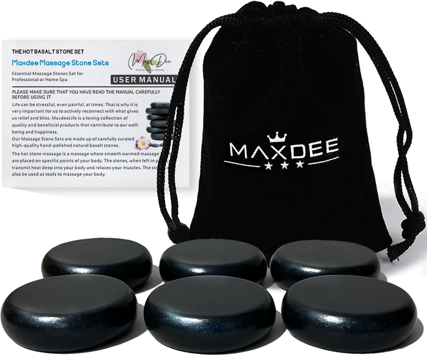 Maxdee 6 Medium Basalt Hot Stones Massage Kit - 2.4" Professional & Home Spa Rocks for Pain Relief, Relaxation, Muscle Tension