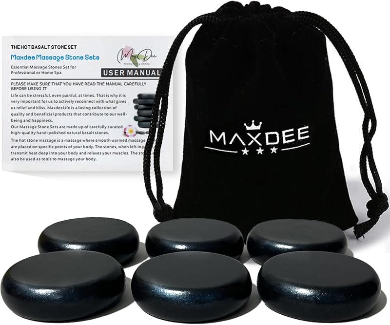 Maxdee Piedras de masaje esenciales para masaje, 6 piedras calientes medianas, kit de masaje de piedras calientes para spa profesional o doméstico, calentador de pies, relajante, curación, alivio del dolor, 2.4 pulgadas