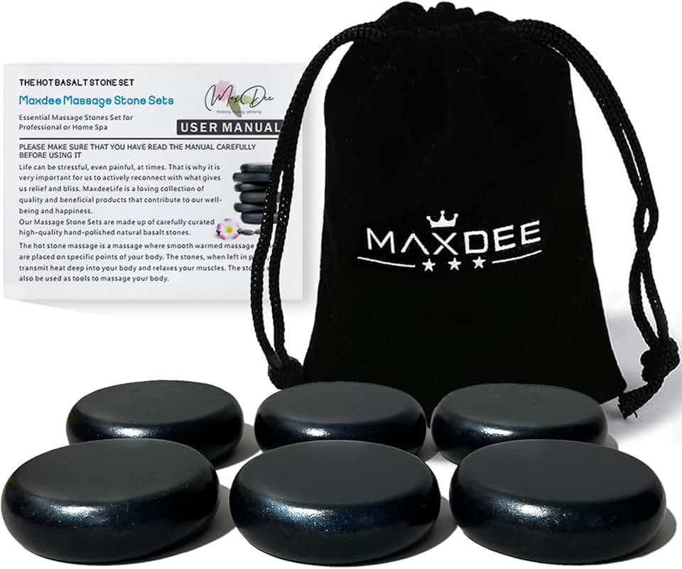 Maxdee Massage Stones Essential Hot Stones for Massage, 6 Medium Hot Stones Massage Kit Hot Rocks Massage Stones for Professional or Home Spa, Foot Heater, Relaxing, Healing, Pain Relief, 2.4"