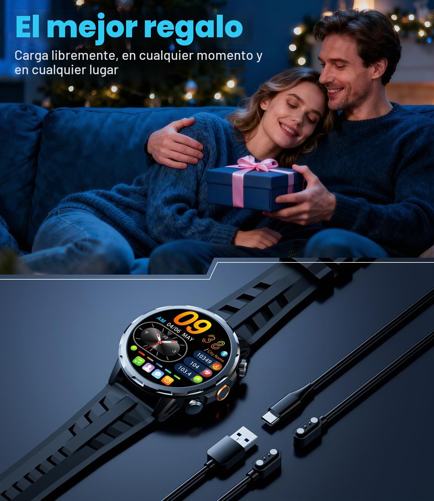 Militar Reloj Inteligente Hombre con 1000mAh/Linterna/1.7'' HD Grande Smartwatch Hombre con Llamadas/Doble Carga/IP68 Impermeable/100+ Modos Deportivos/Pulsómetro/Sueño/Pulsera Actividad Android iOS
