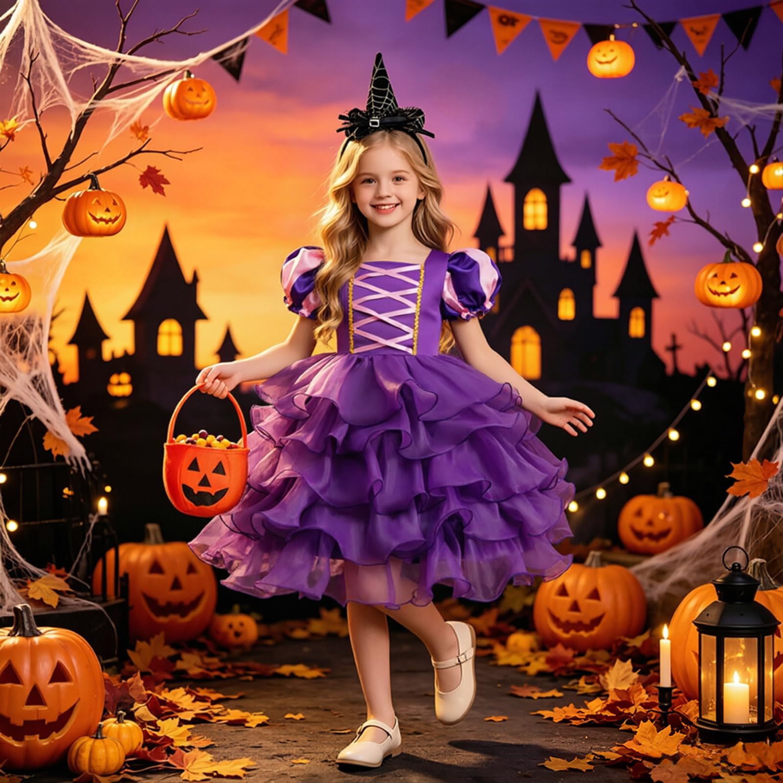 Halloween Kürbis Kostüm Hexenkostüm Kinder Tüllkleid mit Haarreif ＆ Tasche