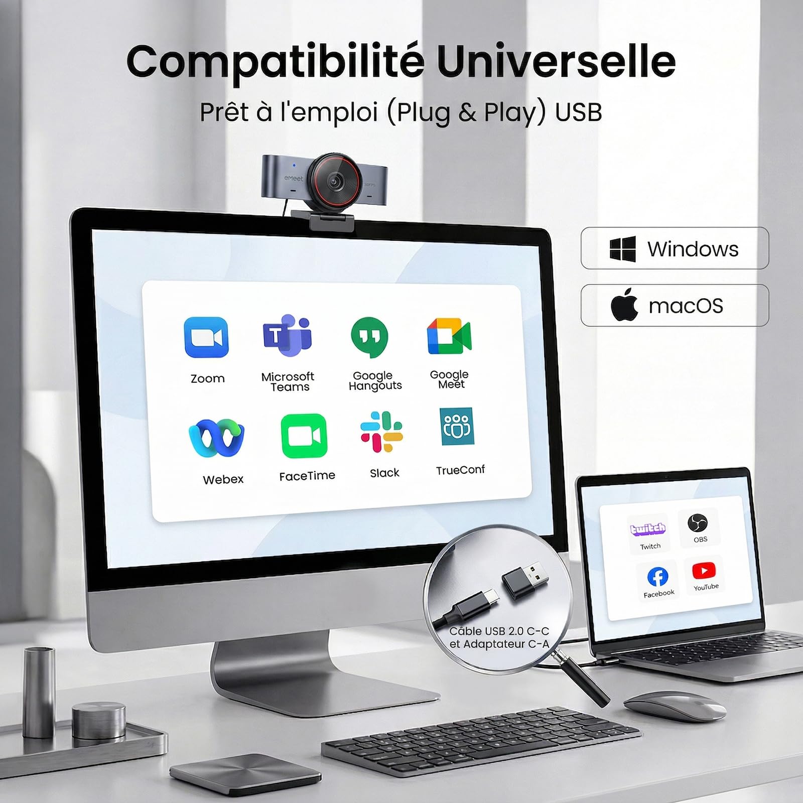 eMeet C960 Ultra Webcam 4K pour PC/Mac, Capteur 1/1.5", Autofocus 0,2s, Corps en Métal, Mode Tableau Blanc, Cache de Confidentialité, 2 Micros, Caméra USB pour Streaming, Réunion, Télétravail
