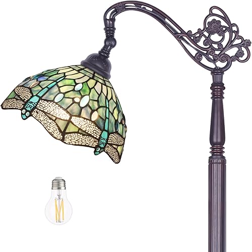 MOOVIEW Tiffany Floor Lamp Dragonfly Stained Glass Floor Reading Bedroom Living Room Arched Lamp 61’’ Tall Wide Lampshade 1 PCS LED Bulb(2700k E26) Included,Sea Blue,Gifts