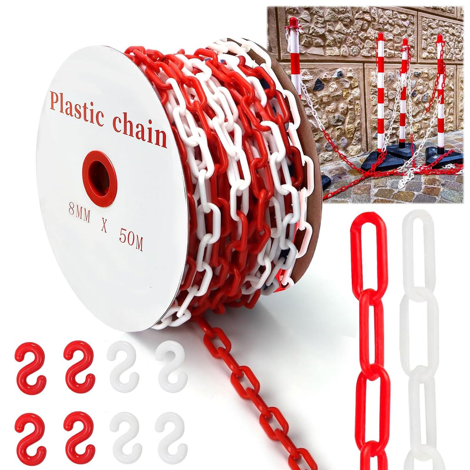 50 m Absperrkette Rot Weiß Kunststoffkette, 8mm Warnkette Plastikkett, Kunststoff Absperrkette mit 8 Karabinern für Barrieren in Auffahrten, Arbeitsplätzen und Garagen