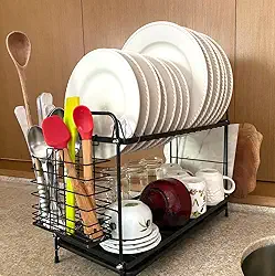 Escorredor De Louça 2 Níveis, Com Bandeja, Porta Talheres e Porta Tábua De Aço Preto Não Enferruja