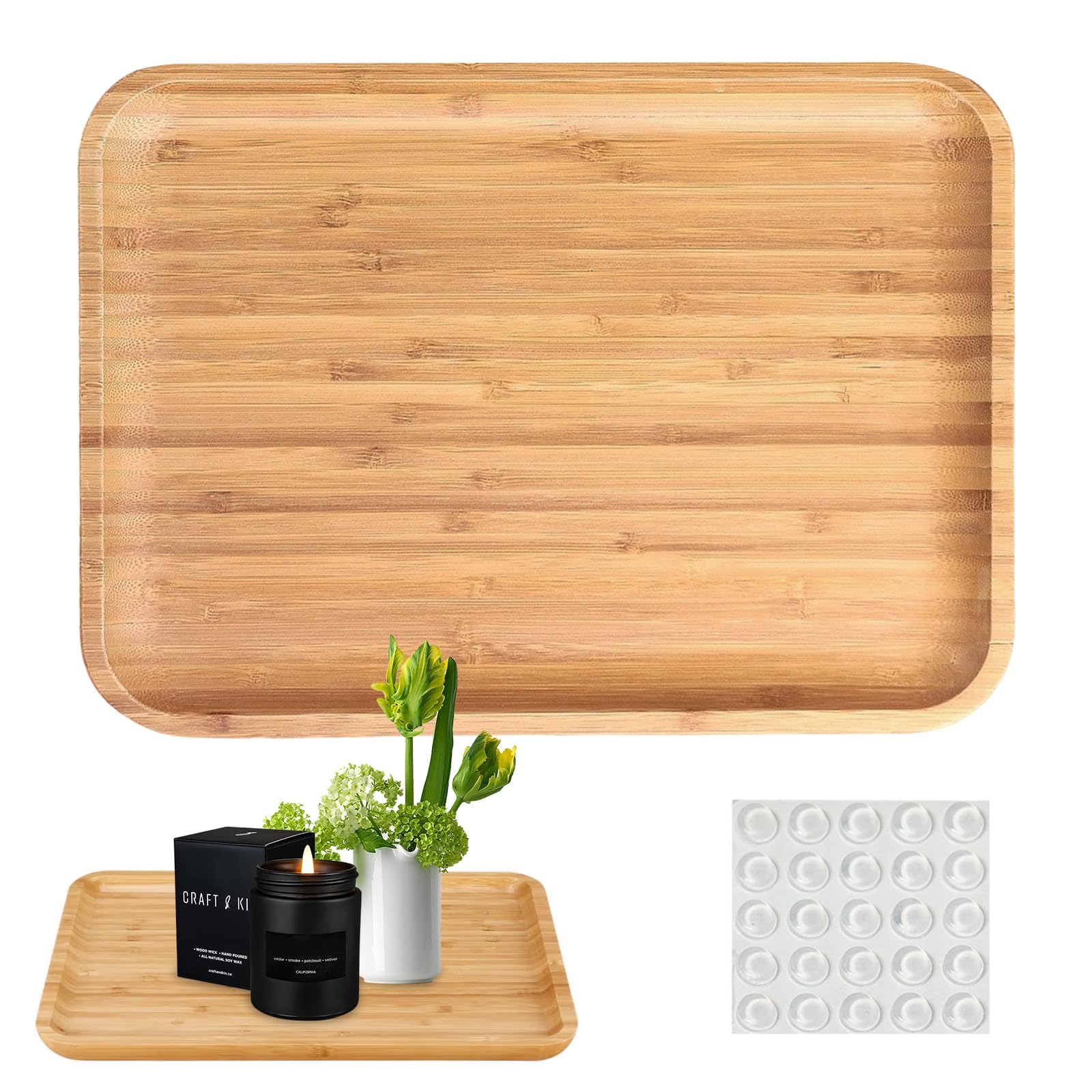 Bamboo Tray, 30x20x2CM Serving Tray with Raised Edge and Anti-Slip Stickers